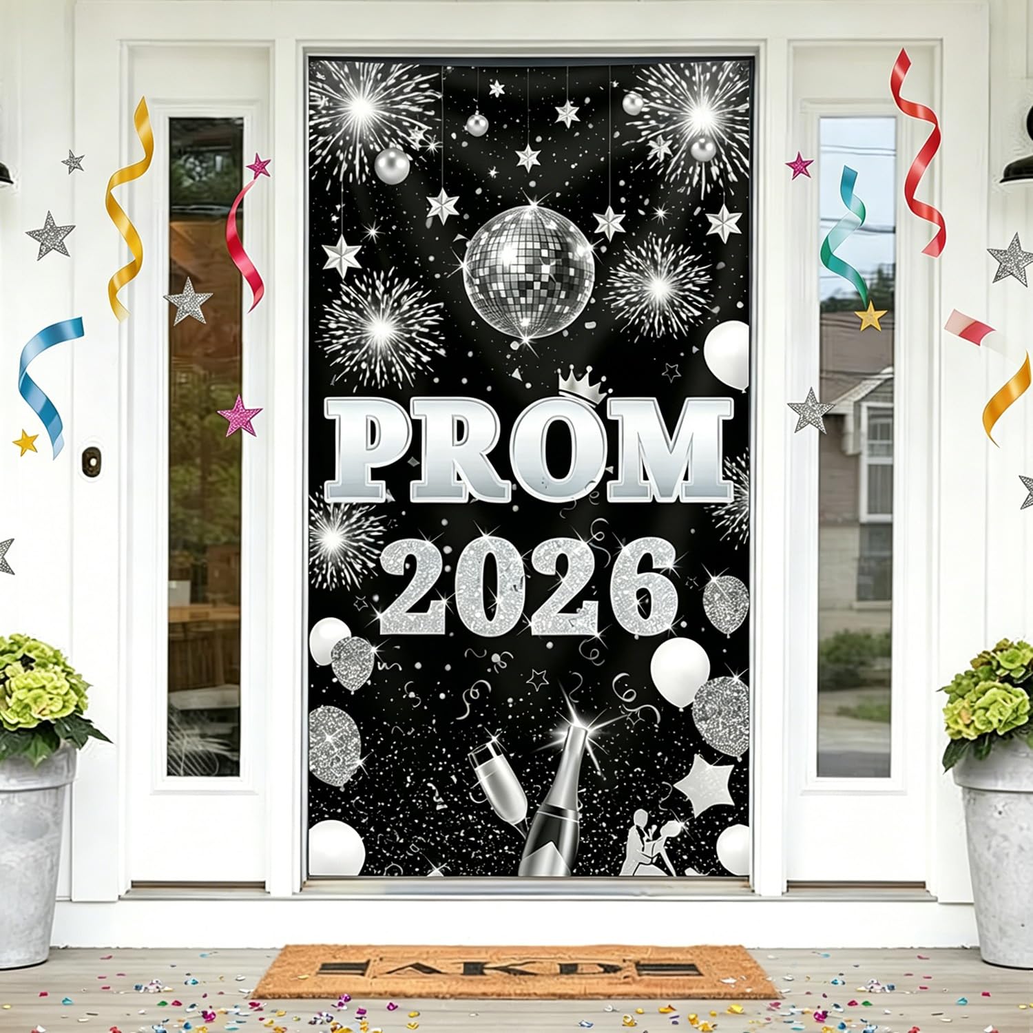 Prom 2026 Door Banner Decorations, Extra Large Graduation Backdrop for School Leavers, Prom Night Door Cover Photo Booth Props (Silver)