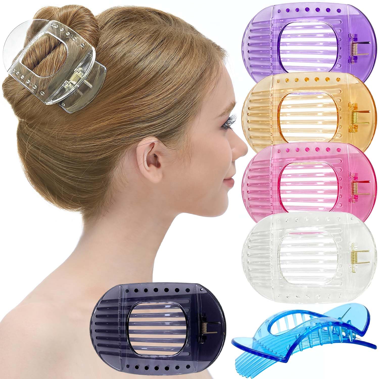 RC ROCHE 6 Pcs Flat Claw Hair Clips for Women Thick Hair French Round Duckbill Square Secure Strong Hold Grip Clamps Barrettes Curved No Slip No Crease Styling Cute Extra Jumbo XL