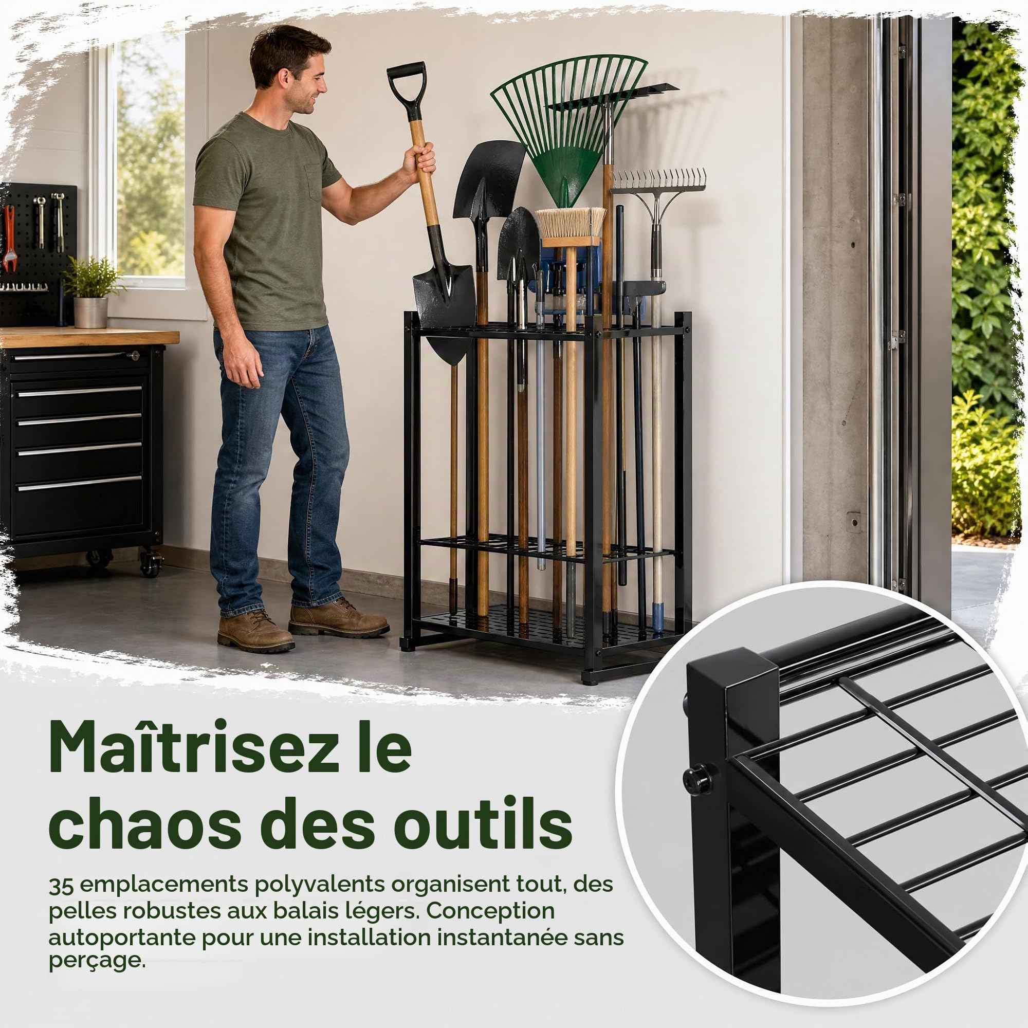 Support robuste pour outils de jardin, 35 outils, fer noir, 43 x 30 x 74 cm