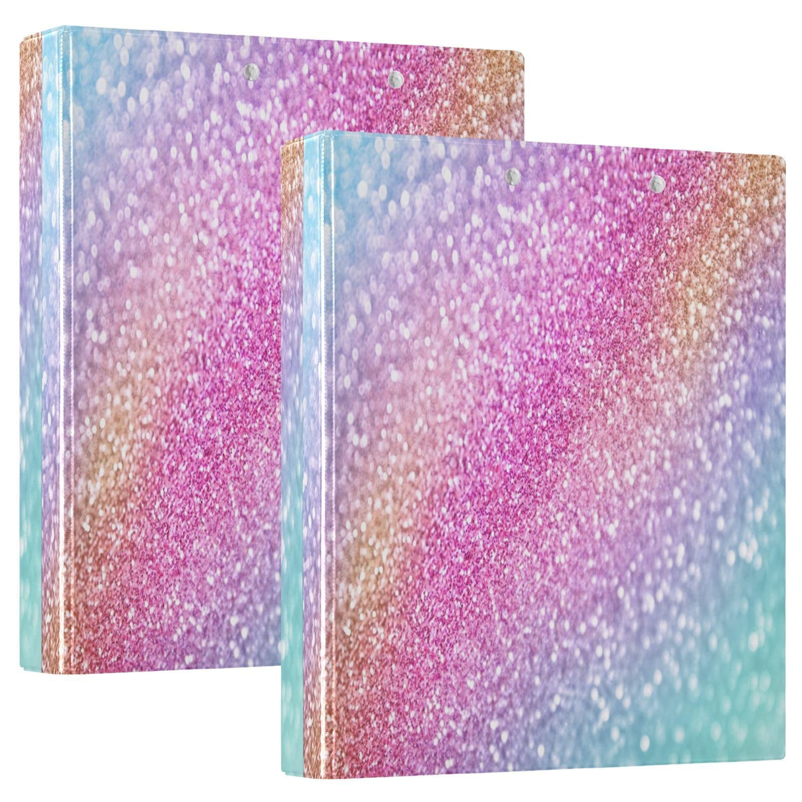 Rainbow Glitter Sparkle 3 D-Ring Binder A4 2 Pack with 200 Sheet for Kids School Supplies Women Men Office