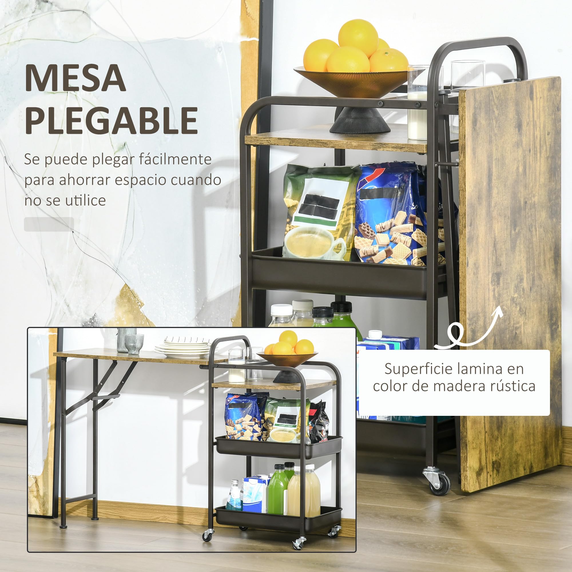 HOMCOM Carro de Cocina con Ruedas 118x36,5x82 cm Marrón Rústico Multiusos