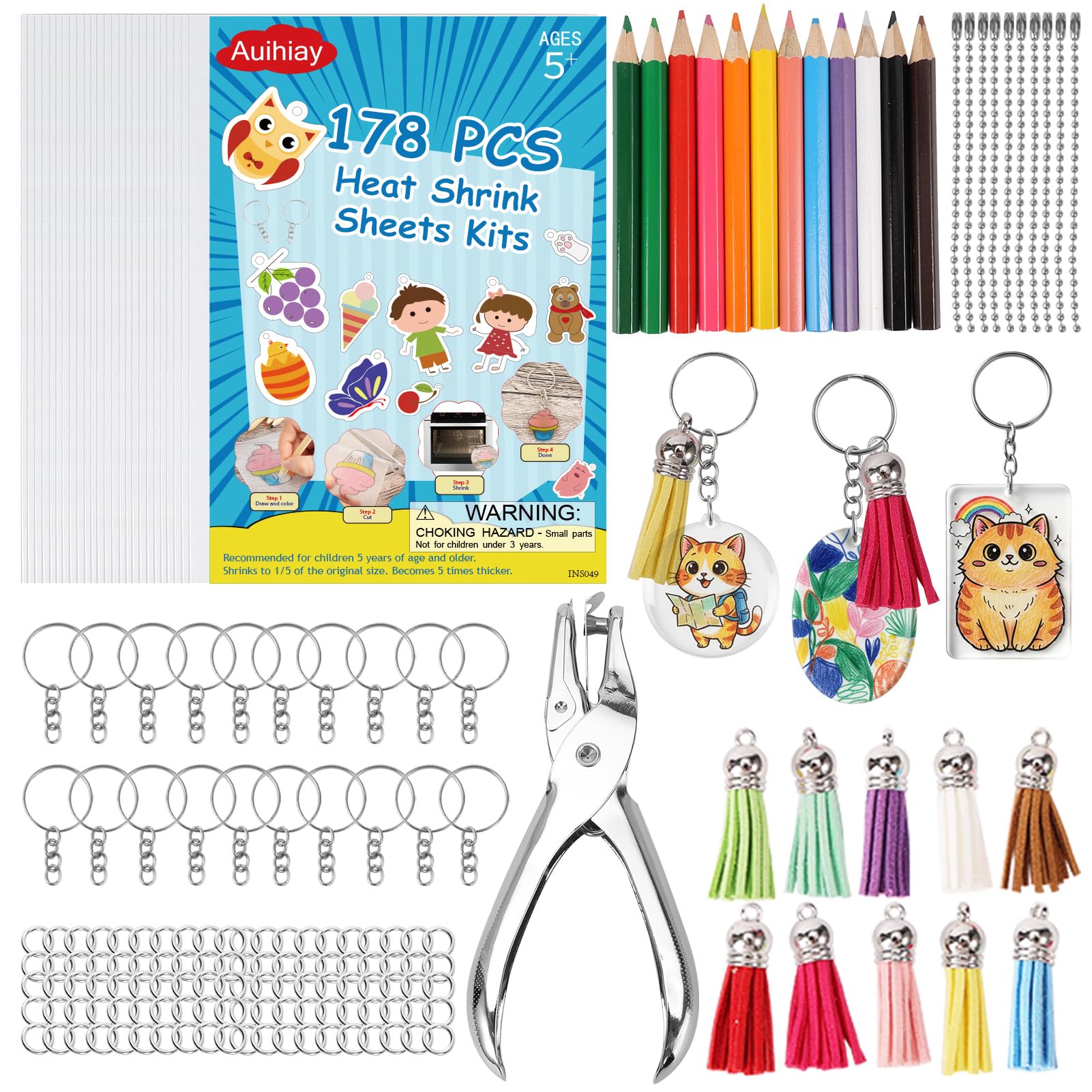 Auihiay 178 PCS Shrinky Paper Keychain Kit for Mother's Day, 25 PCS Shrinky a Dink Sheets with Hole Punch, Pencils, Keychains, Shrink Plastic Sheets for DIY Crafts for Adults and Teens