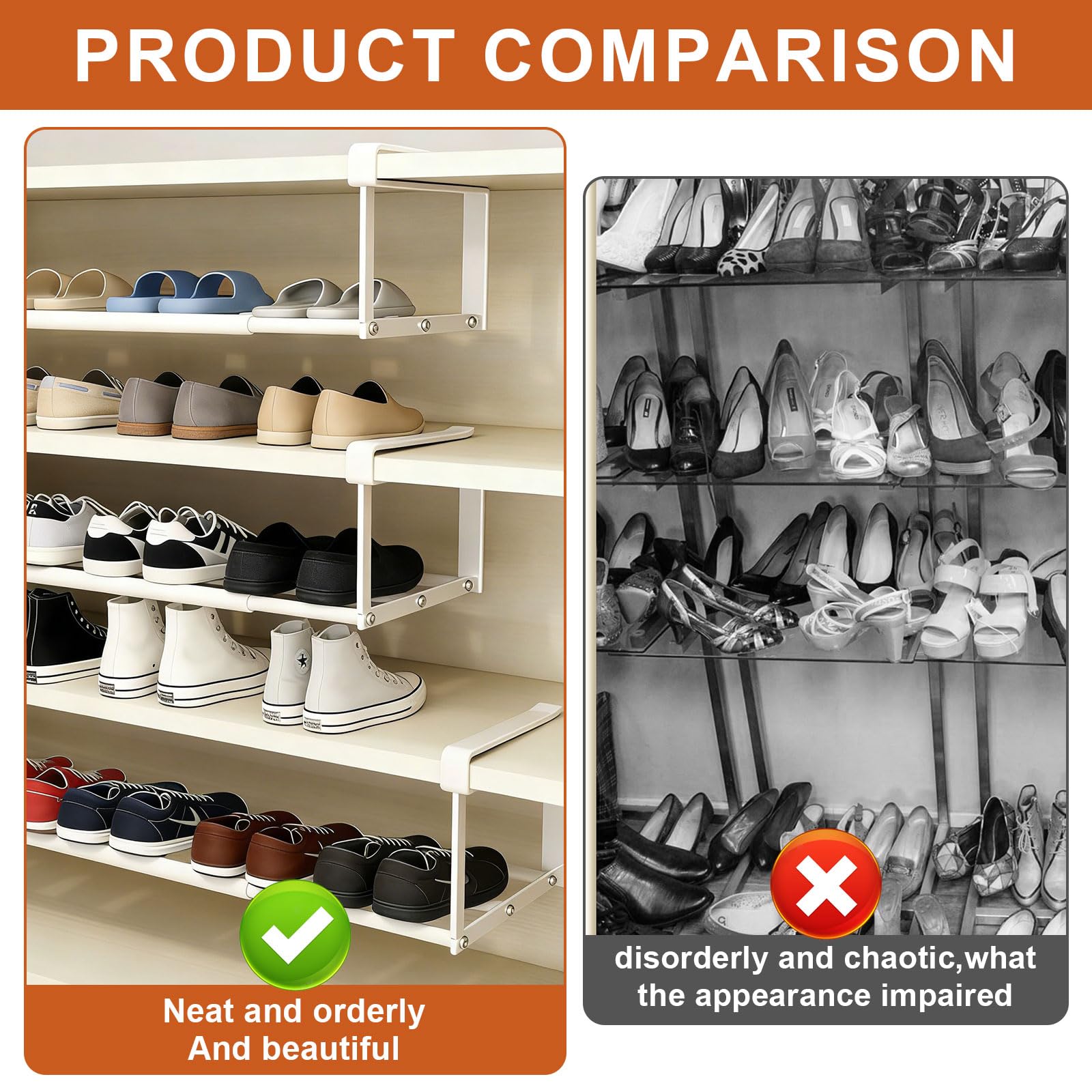 Wiszący regał na buty, organizer w szafie, regulowany 40-70 cm, podwyższony regał pod szafkę, wiszący regał pod biurko, do szafek kuchennych, szafek na buty, szafek na ubrania (biały)
