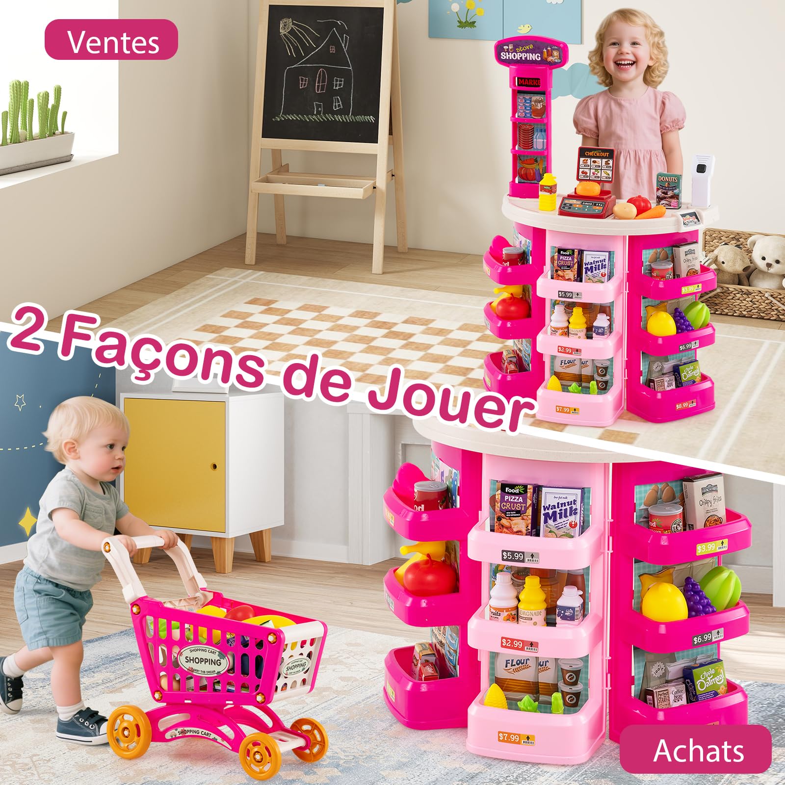 COSTWAY 29 PCS Marchande Enfants avec Chariot de Courses & Scanner avec Lumière et Son, Supermarché Enfant avec Étagères, Caisse & Balance, pour Garçons Filles 3+ Ans (Rose)