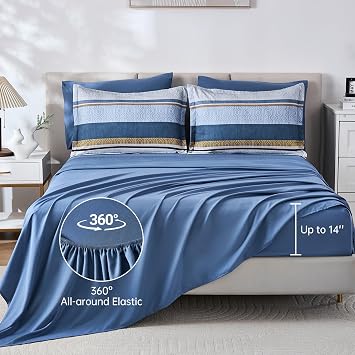 Dobuyly Comforter Set Queen Size, Blue Striped 7 Piece Bed in a Bag, Lightweight Boho Bedding Comforter Sets with Sheets