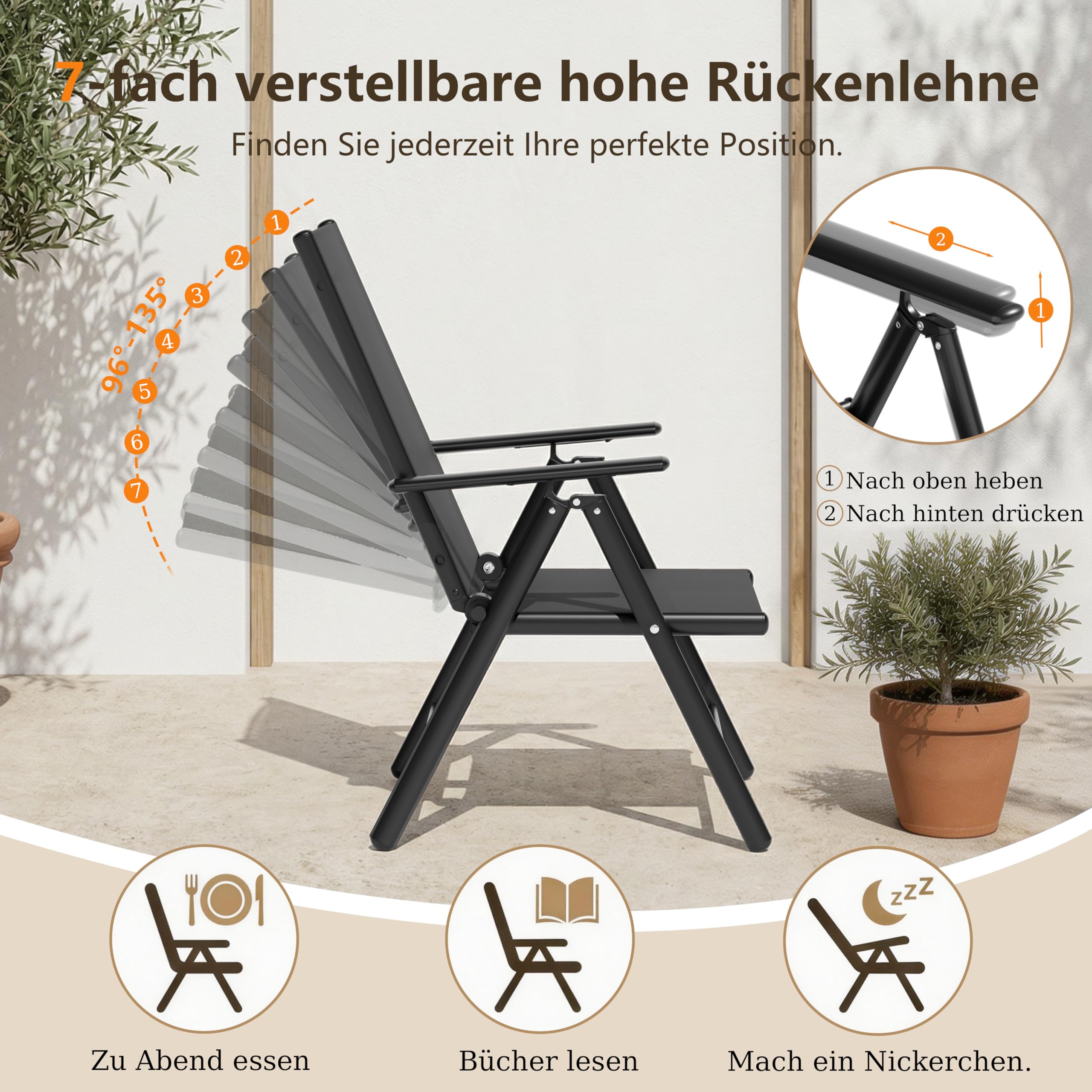 ALAULM Klappbare Gartenstühle 4er-Set, 7-stufig verstellbare Hochlehne & Armlehnen, wetterfestes Textilene, Terrasse Garten Balkon (Schwarz)