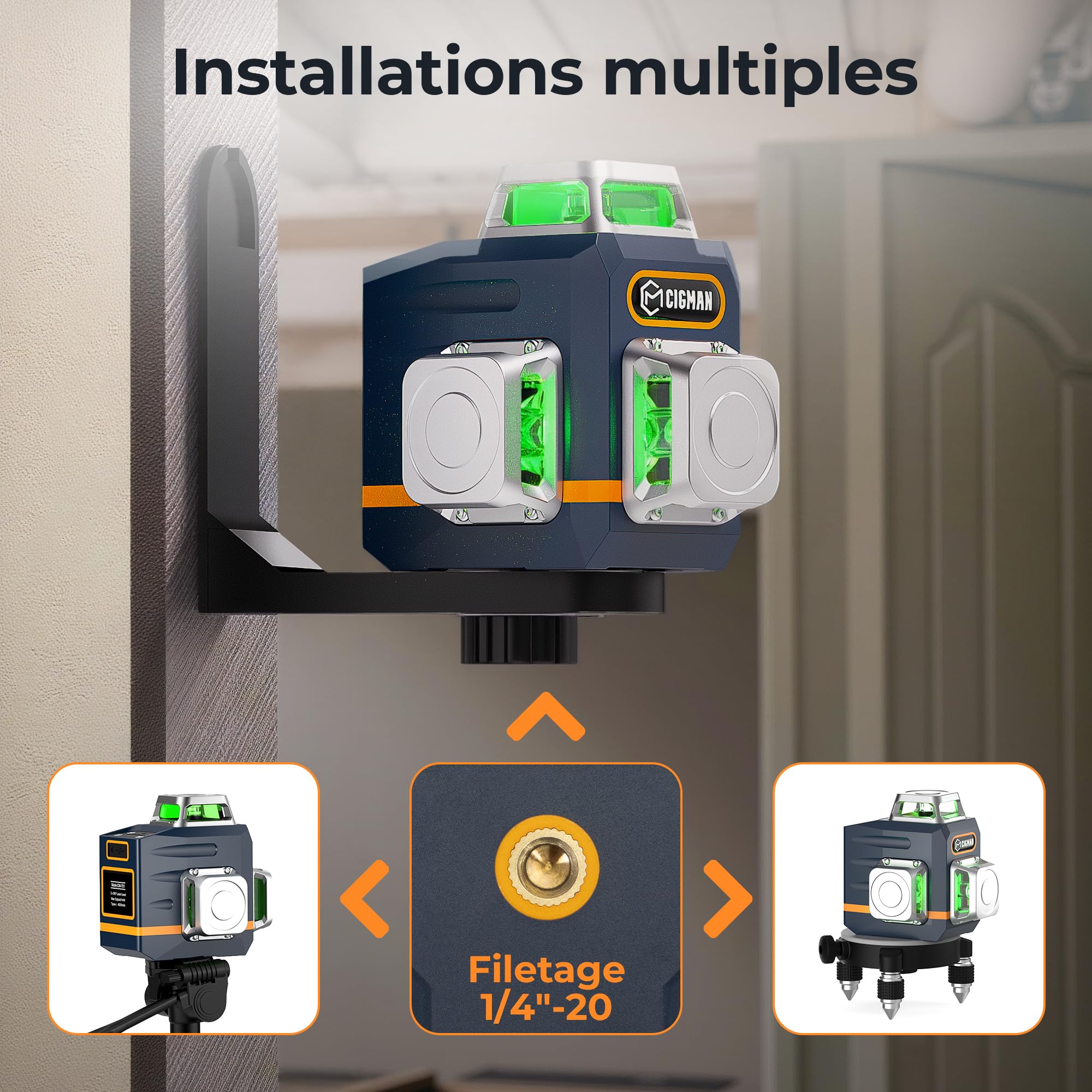 CIGMAN Niveau laser vert 3x360°, laser de chantier à nivellement automatique, distance 30m, 9 hours batterie Li-Ion, avec télécommande, support magnétique, trépied pivotant, sac de transport antichute
