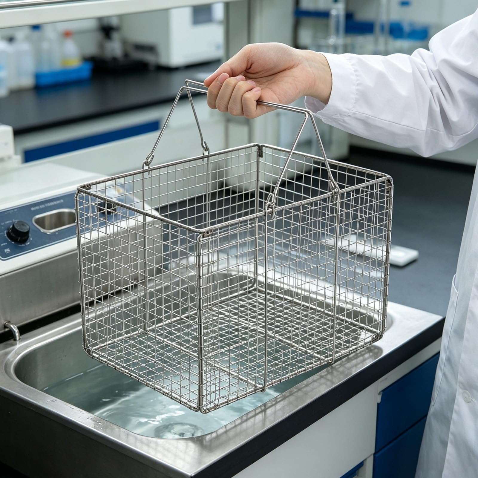 Amosfun Edelstahl Schall Reinigungskorb mit Griff Rechteckig Robust und Sicher für Laborausrüstung und Schallreinigungsmaschinen Silber