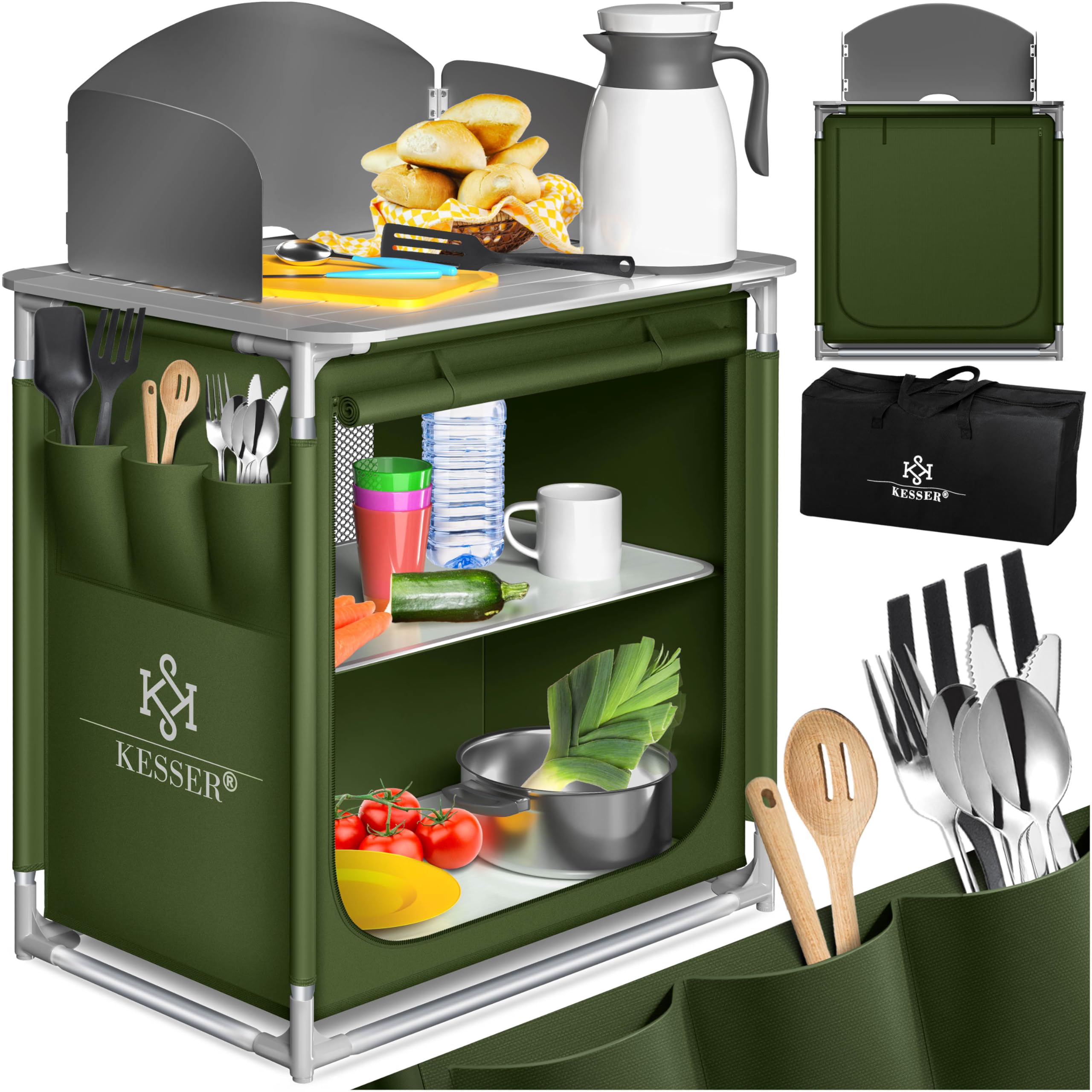 KESSER® Cucina da Campeggio, Armadietto da Campeggio Pieghevole con Borsa per Trasporto e Set di Bicchieri, Struttura in Alluminio