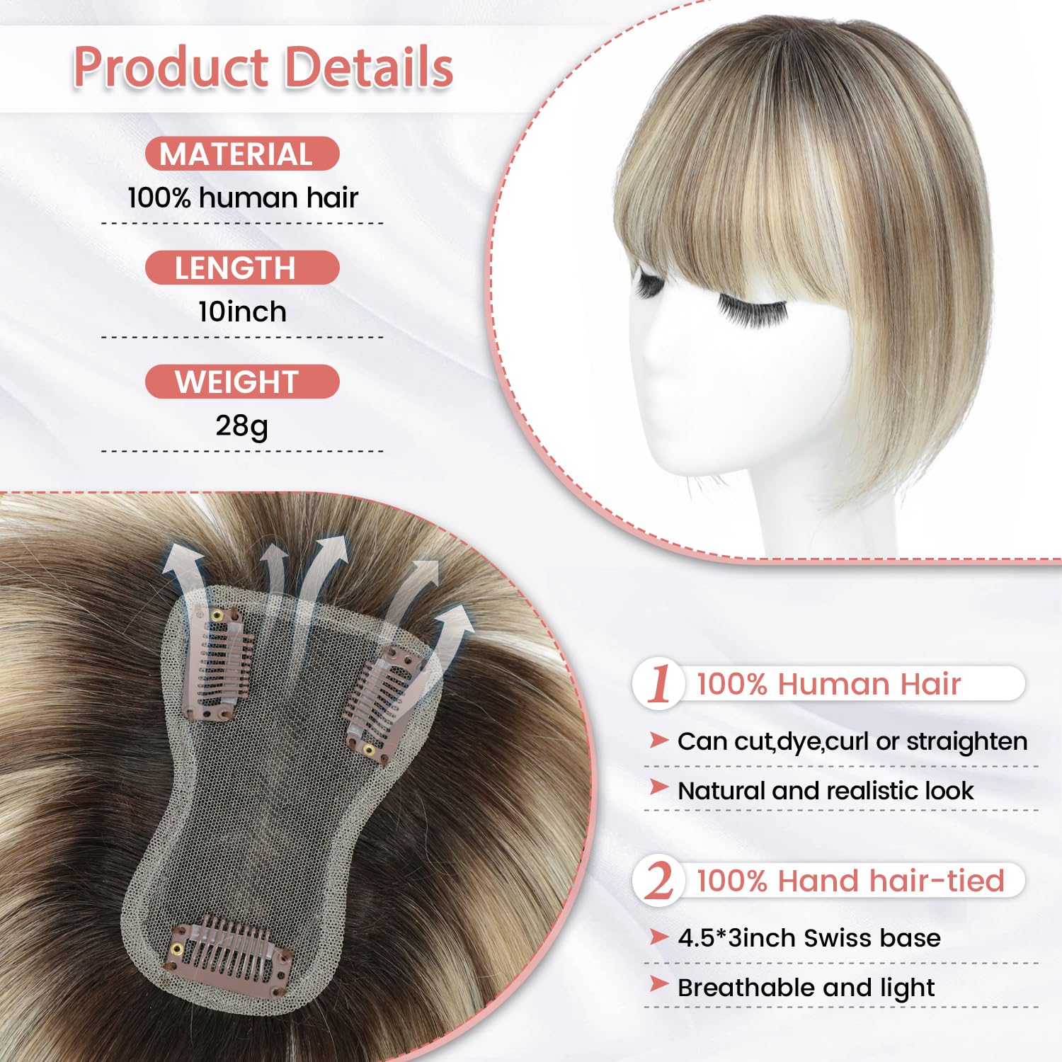 Lasunork Hair Toppers for Women Human Hair Topper Clip in Fringe Hand-woven Swiss Base Hair Topper (Ombre Light Brown with Blond Highlight) - Image 2