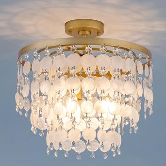 TOCHIC Modern Capiz Shell Chandelier, Boho Coastal Beach Chandelier for Bedroom, Small Semi Flush Mount Ceiling Pendant Light Fixture for Dining Living Room, Kids Room, 16W, Gold