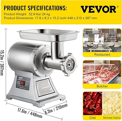 Miniatura 7 de VEVOR Picadora de carne comercial, 550LBh 1100W Picadora de carne eléctrica, máquina de picar carne industrial resistente aprobada por ETL