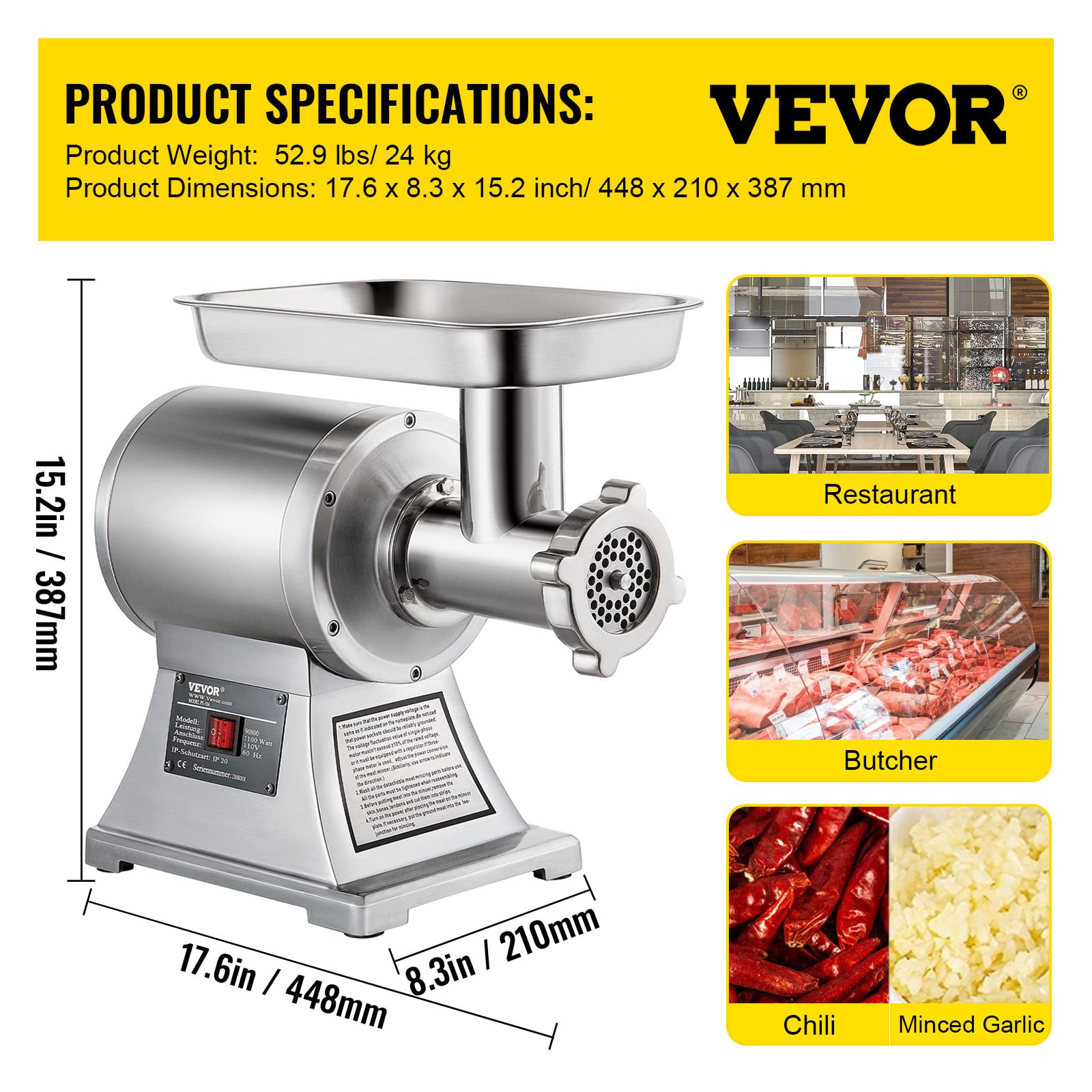 VEVOR Tritacarne Elettrico In Acciaio Inox 250kg/h, Macchina per Salsicce Professionale, 2 Piastre di Macinazione, Meat Grinder 1100W per Casa o Uso Industriale