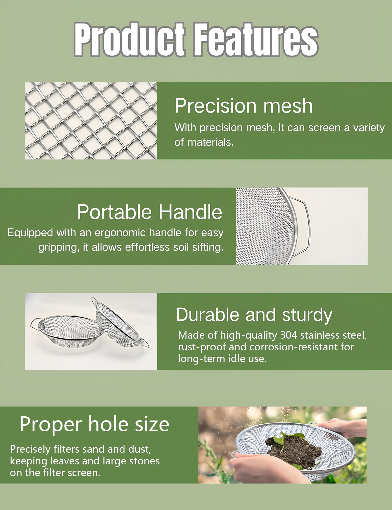 Setaccio da Giardino per Terra con Maglia 6mm, Setaccio per Compost in Acciaio Inox, Vaglio per Sabbia e Sassi, Strumento Professionale per Giardinaggio