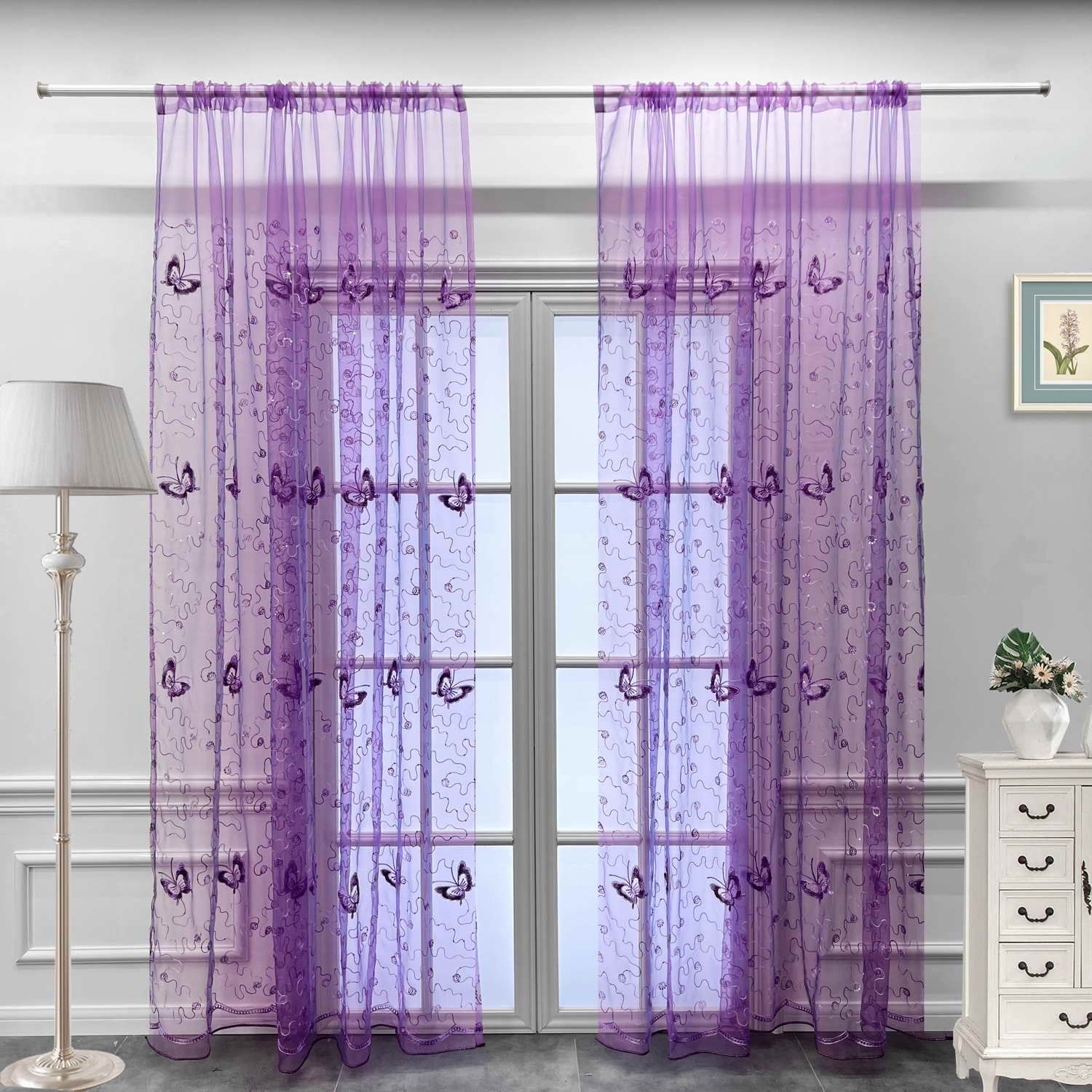 pureaqu Embroidery and Floral Butterfly Sheer Curtains Sequin Rod Pocket Process Voile Curtain/Drape Beautiful Tulle for Kids Balcony 1 Panel Purple W39xH63
