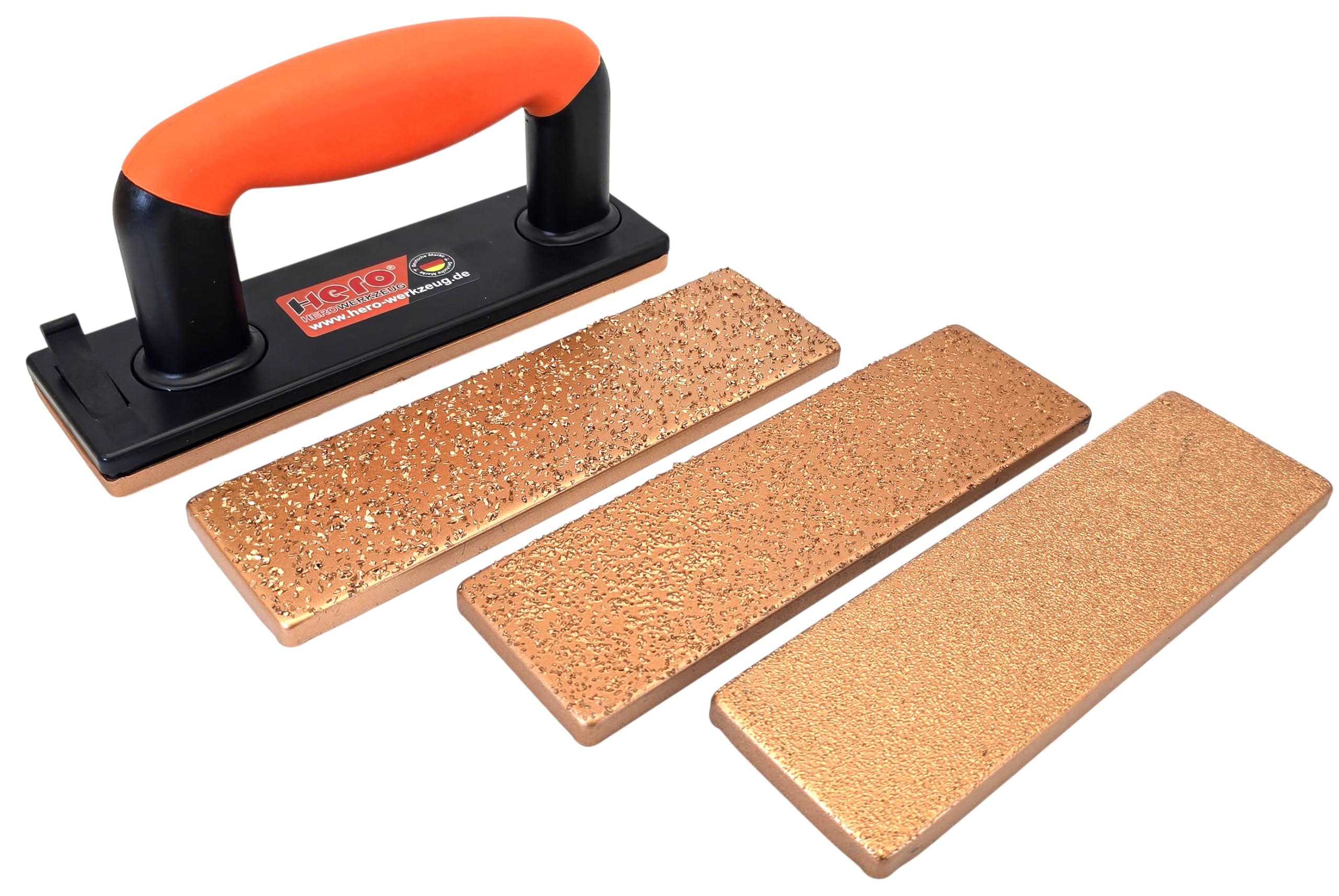 HERO Hartmetall Handschleifer Set 5-tlg. K24/K36/K60 – Wolframcarbid Schleifbrett für Holz, Estrich, Fliesenkleber & Spachtelmasse – Schleifklotz mit Magnet-Wechselsystem für Renovierung & Sanierung | Bis zu 1500× längere Standzeit dank Wolframcarbid-Besc