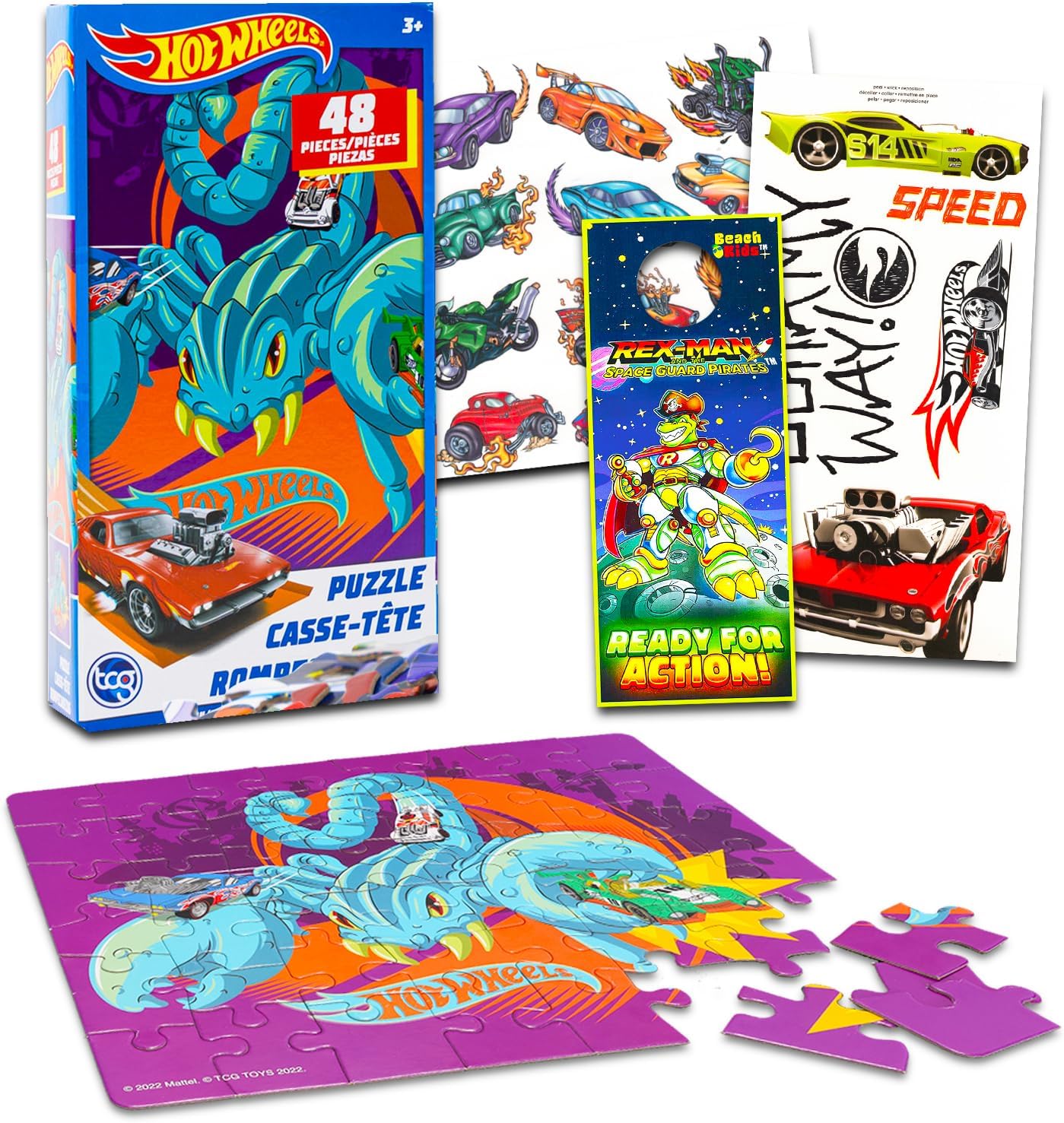Hot Wheels 24-Piece Jigsaw Puzzle for Kids Ages 4-8, Set Includes Puzzle, Decals, Tattoos, Rex-Man Door Hanger