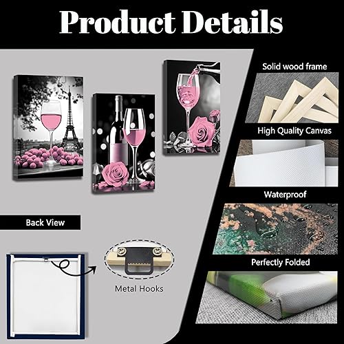 Miniatura 6 de QIXIANG Lienzo de cocina, 3 piezas románticas de vino rosa, uva, rosa, flores, torres Eiffel, impresiones para decoración de restaurantes y bares,