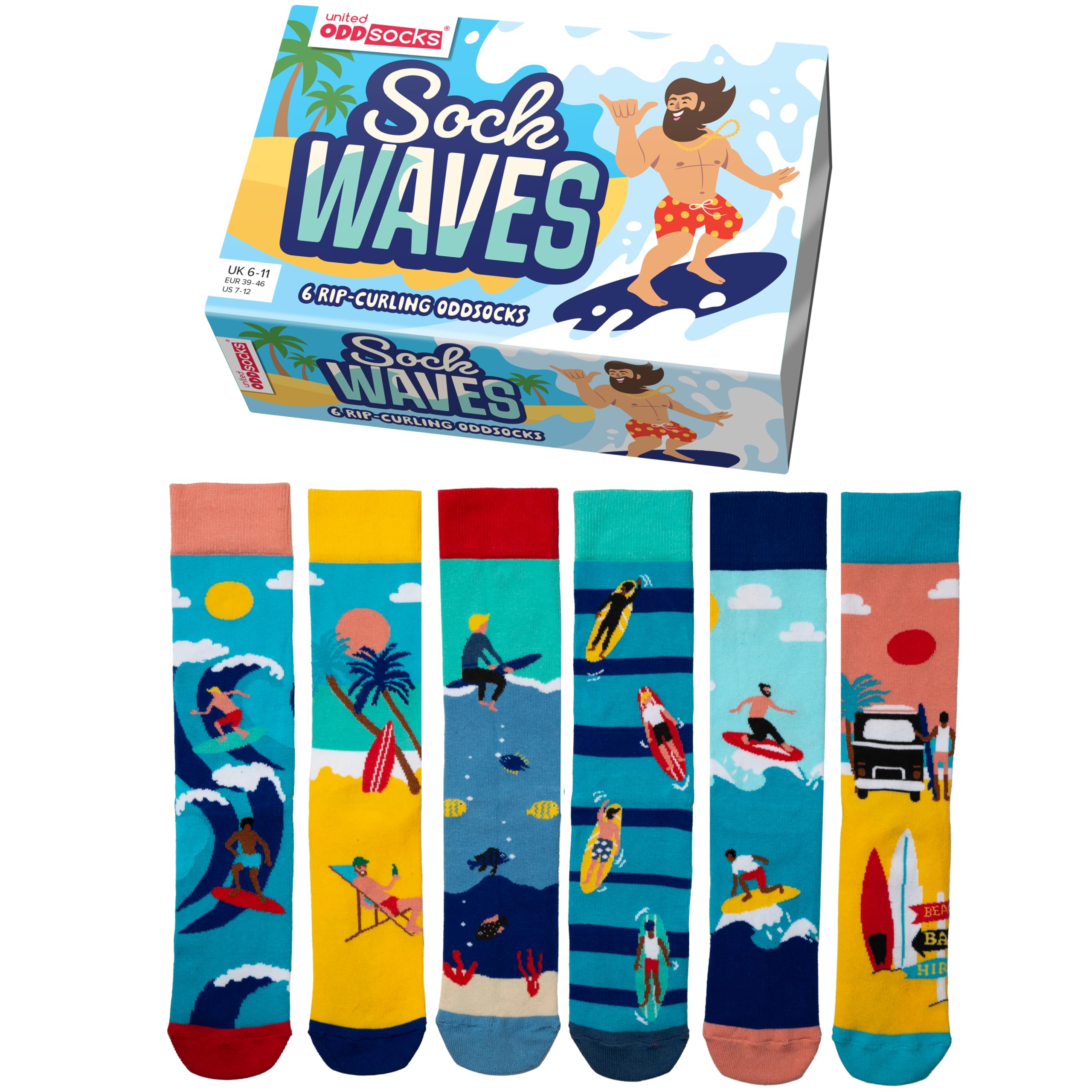 United Oddsocks Sock Waves Box Of 6 Unique Colourful Cotton Socks Mens UK 6-11