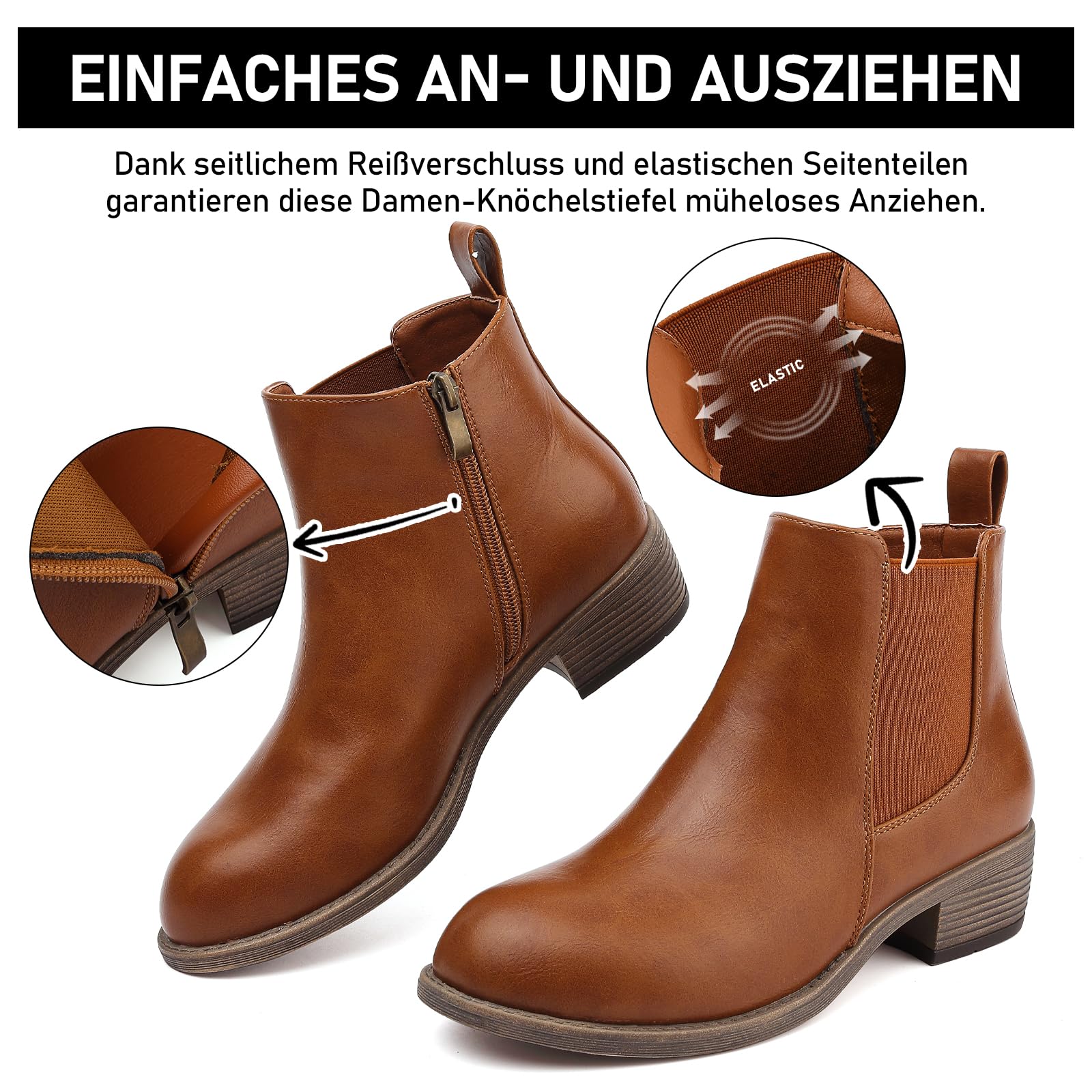 Stiefeletten Damen Knöchelstiefel Mit Reißverschluss Wasserdichte Leder Stiefeletten Stylische Chelsea Boots Mit Niedrigem Absatz Spitze Zehen Freizeitschuhe Herbst Winter Damenstiefel Schwarz Braun