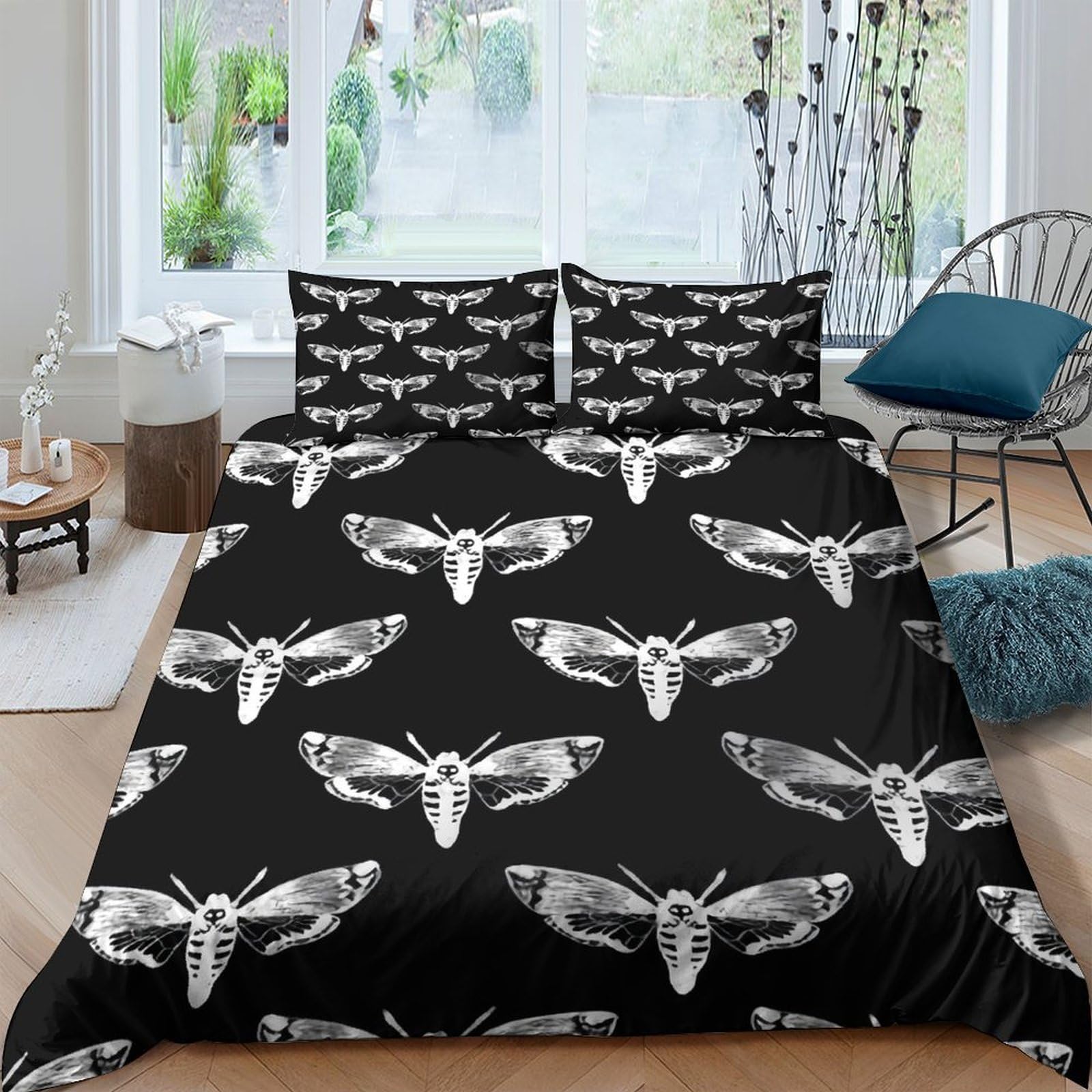 Ctjqhvkz Style-2 3D Printed Gothic Moth Fitted Sheet Microfiber Black Skull Butterfly Mattress Cover Bedroom Decor Anti-Slip Easy Care Single（135X200cm）