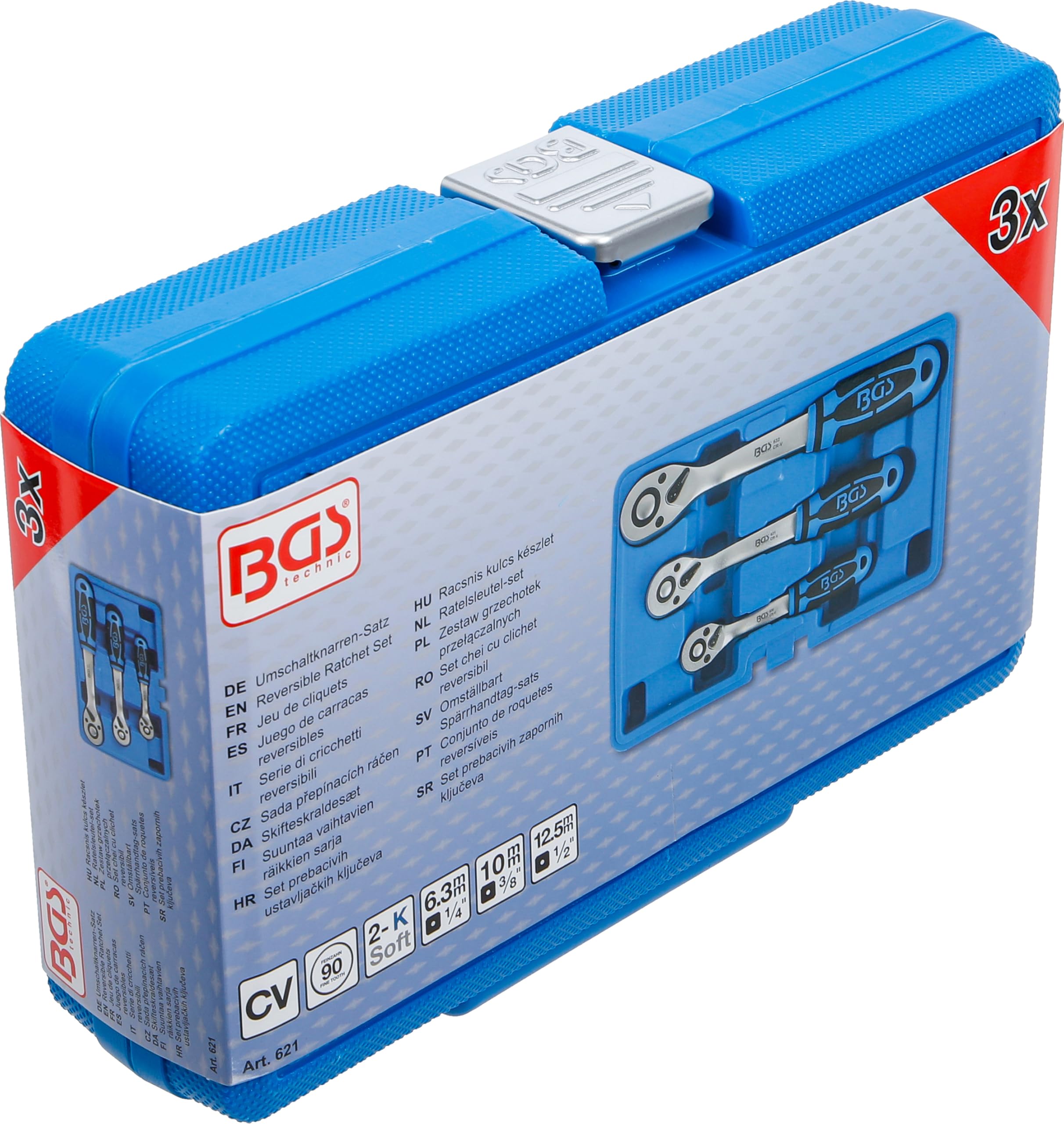 BGS 621 | Serie di cricchetti reversibili | dentatura fine | 6,3 mm (1/4") / 10 mm (3/8") / 12,5 mm (1/2") | 3 pz.