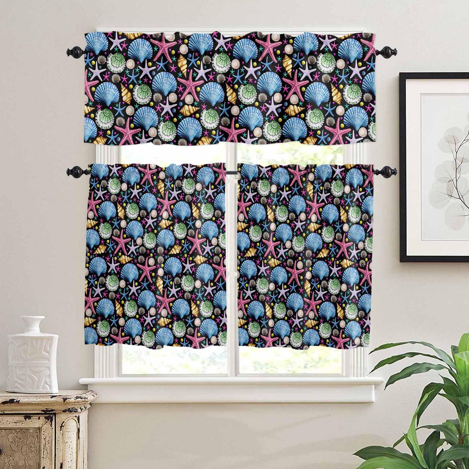 Coastal Ocean Kitchen Curtains 24 Inch Length,3 Piece Rod Pocket Small Half Tiers and Valance Set,Blue Pink Shell Starfish Gold Sea Conch Small Large Window Treatment Decor for Bedroom/Bathroom Sink