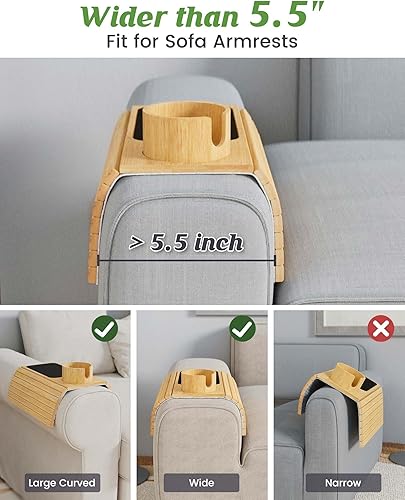 Miniatura 3 de Soporte para tazas de sofá, bandeja de brazo de sofá de bambú con soporte giratorio de 360, mesa de brazo plegable antideslizante para sofá, bandeja