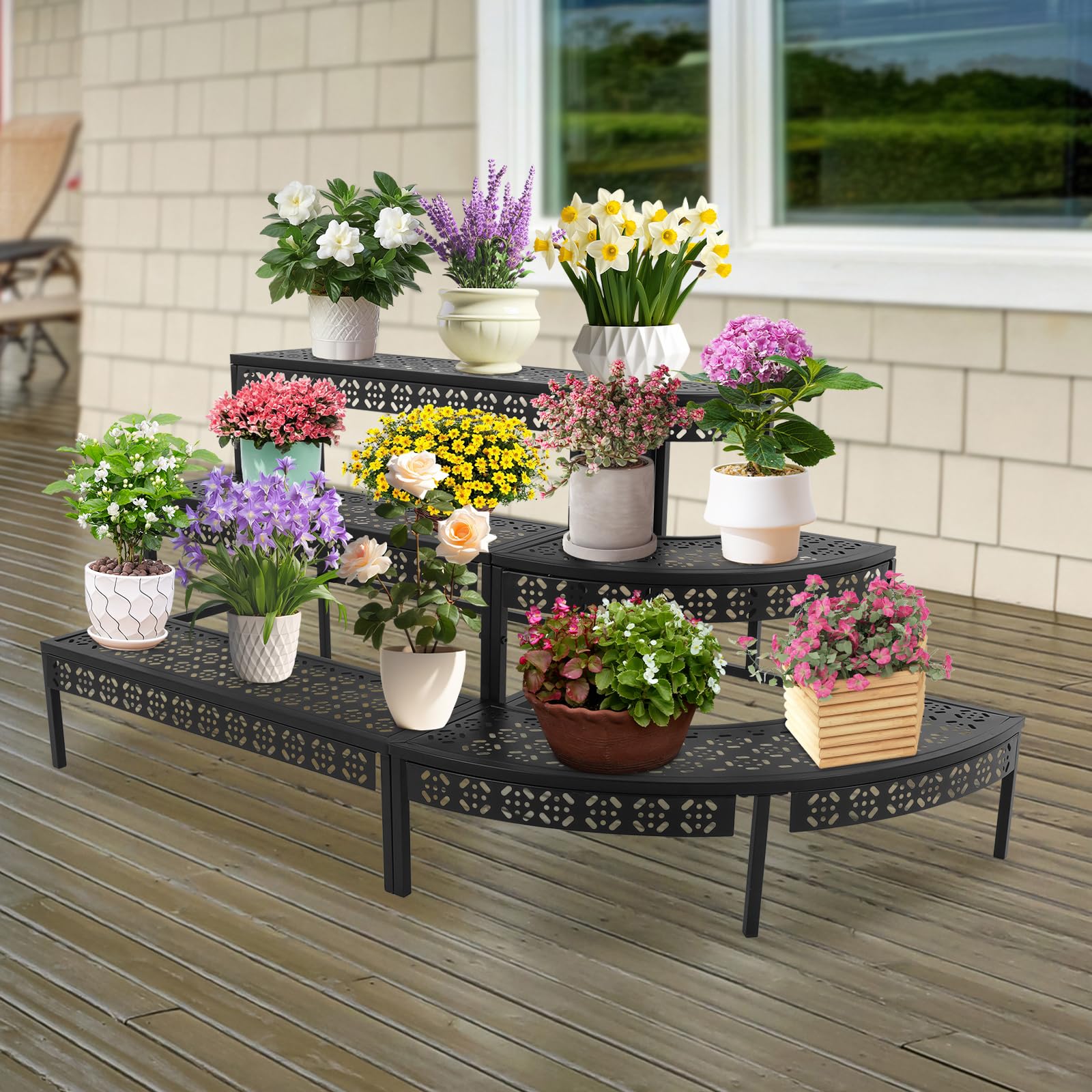 Metall Blumentreppe, 3 Stufen Pflanzentreppe Blumenbank, Pflanzenregal Blumenregal, Blumenregal Eckregal Blumentopfständer Standregal für Garten Balkon Terrasse