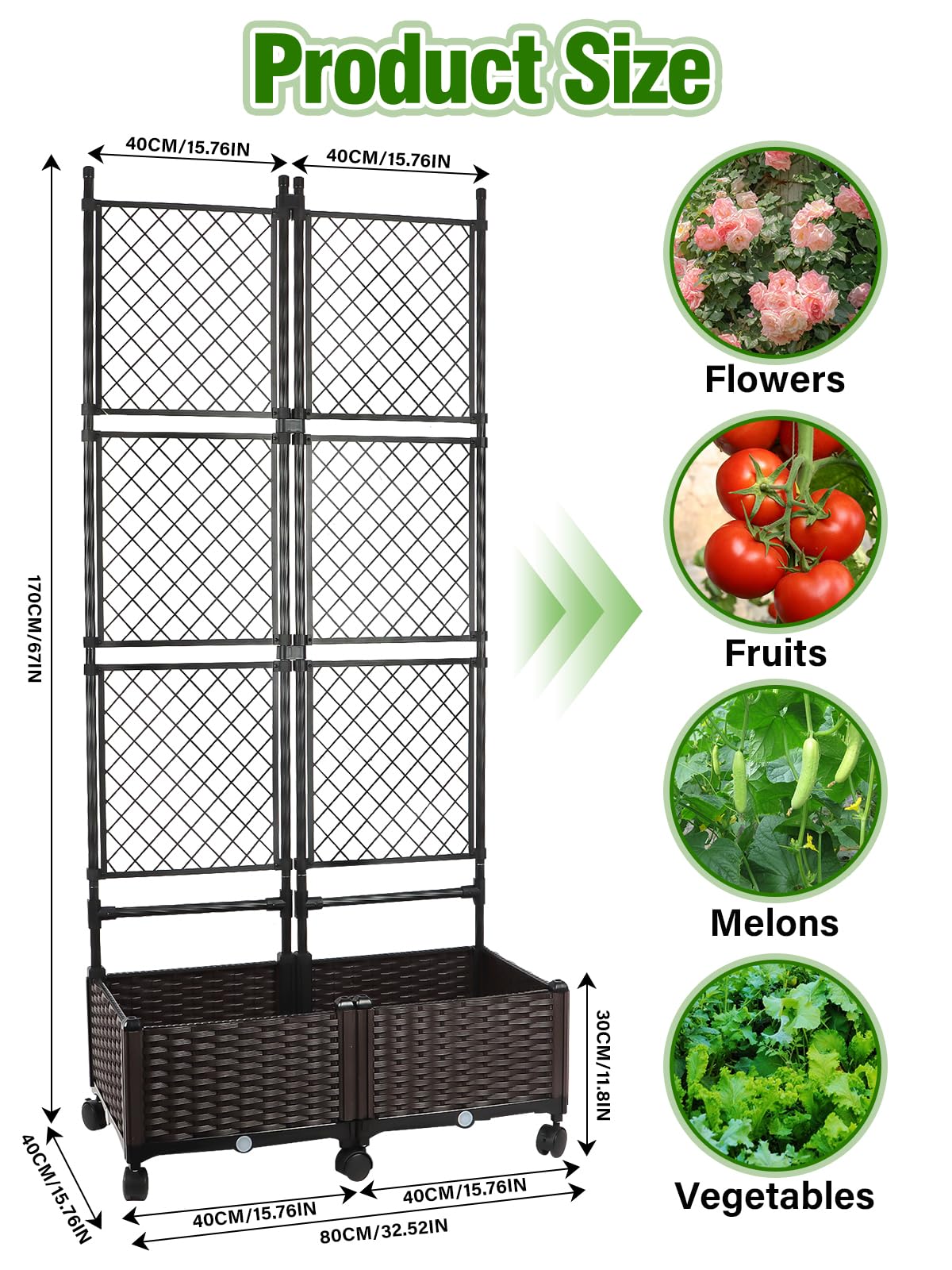 Kalolary 175 cm Jardinera Elevada con Enrejado Metálico, Jardinera Grande Plástico con Orificio Drenaje y Ruedas para Plantas Trepadoras Verduras Flores Soporte para Jardinera Elevada de Exterior