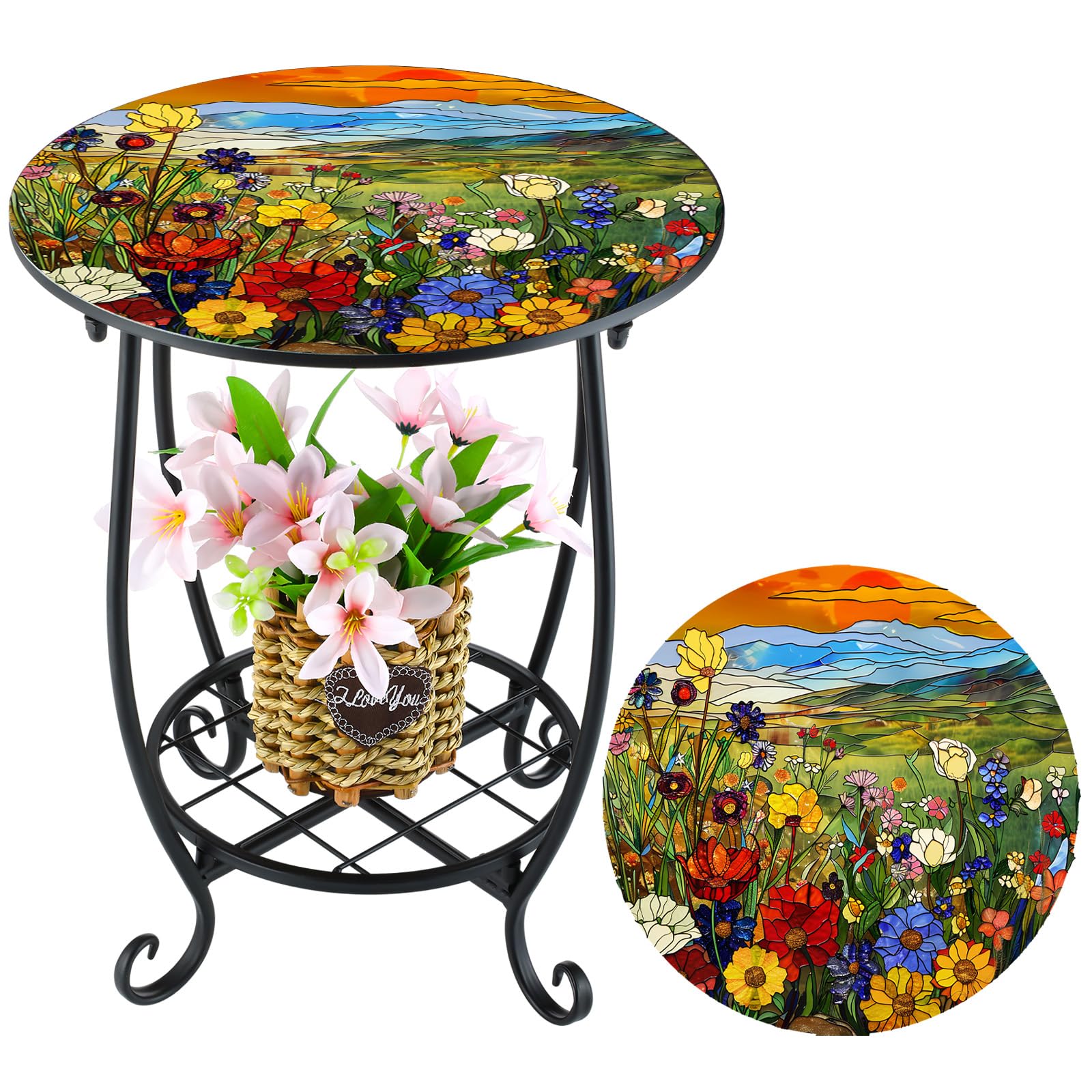 Cinnvoice Outdoor Side Table Round Small Mosaic Patio Accent Indoor End Plant Coffee Tea Table for Yard Patio Porch Garden Living Room, Bedroom(Flower