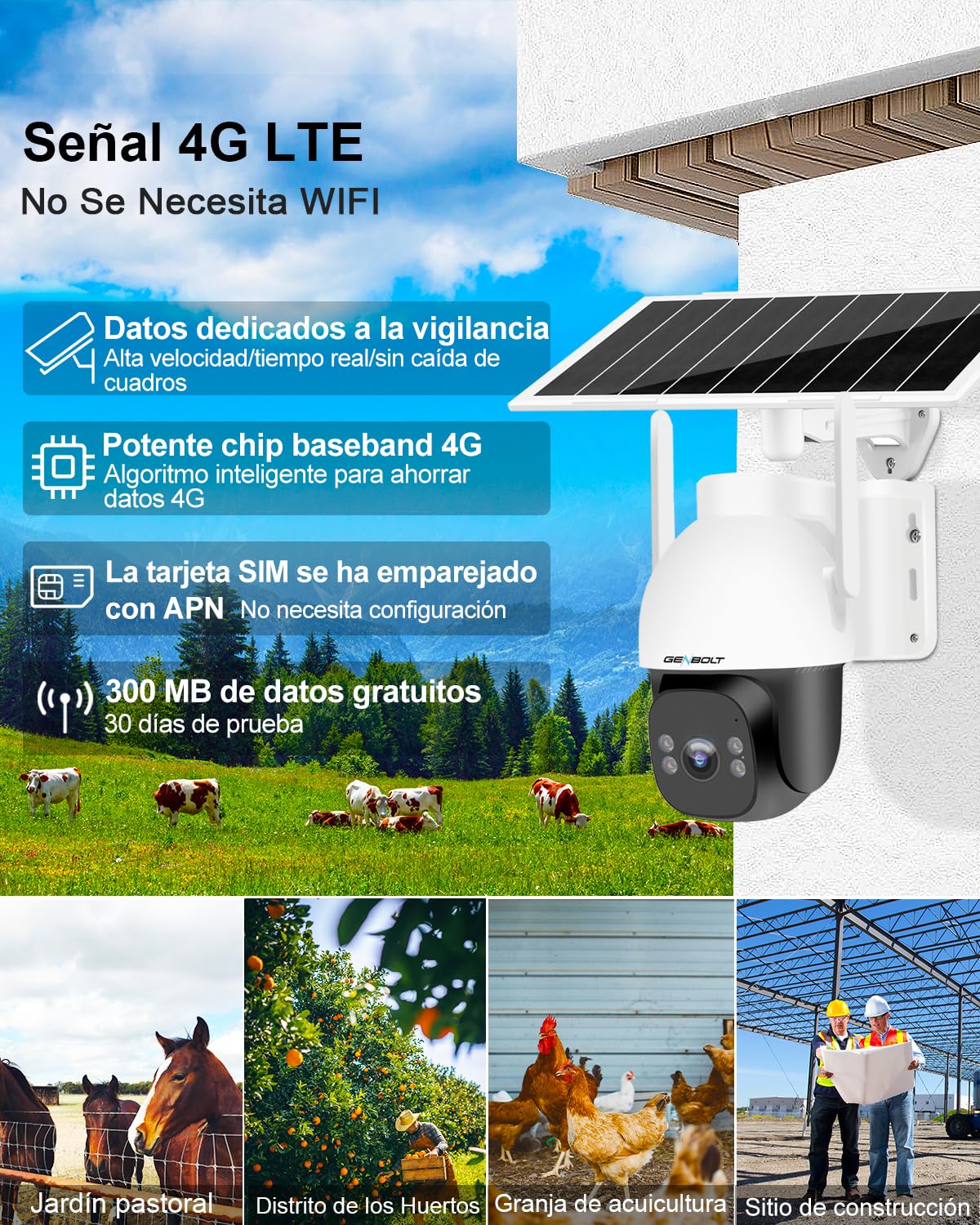GENBOLT 2K inalámbrico Cámara Vigilancia Exterior Solar 4G LTE with SIM | Grabación 24/7 AOV, Batería 15600mAh con Panel Solar 8W, Apertura F1.0, Visión Nocturna Color, Detección IA 25M