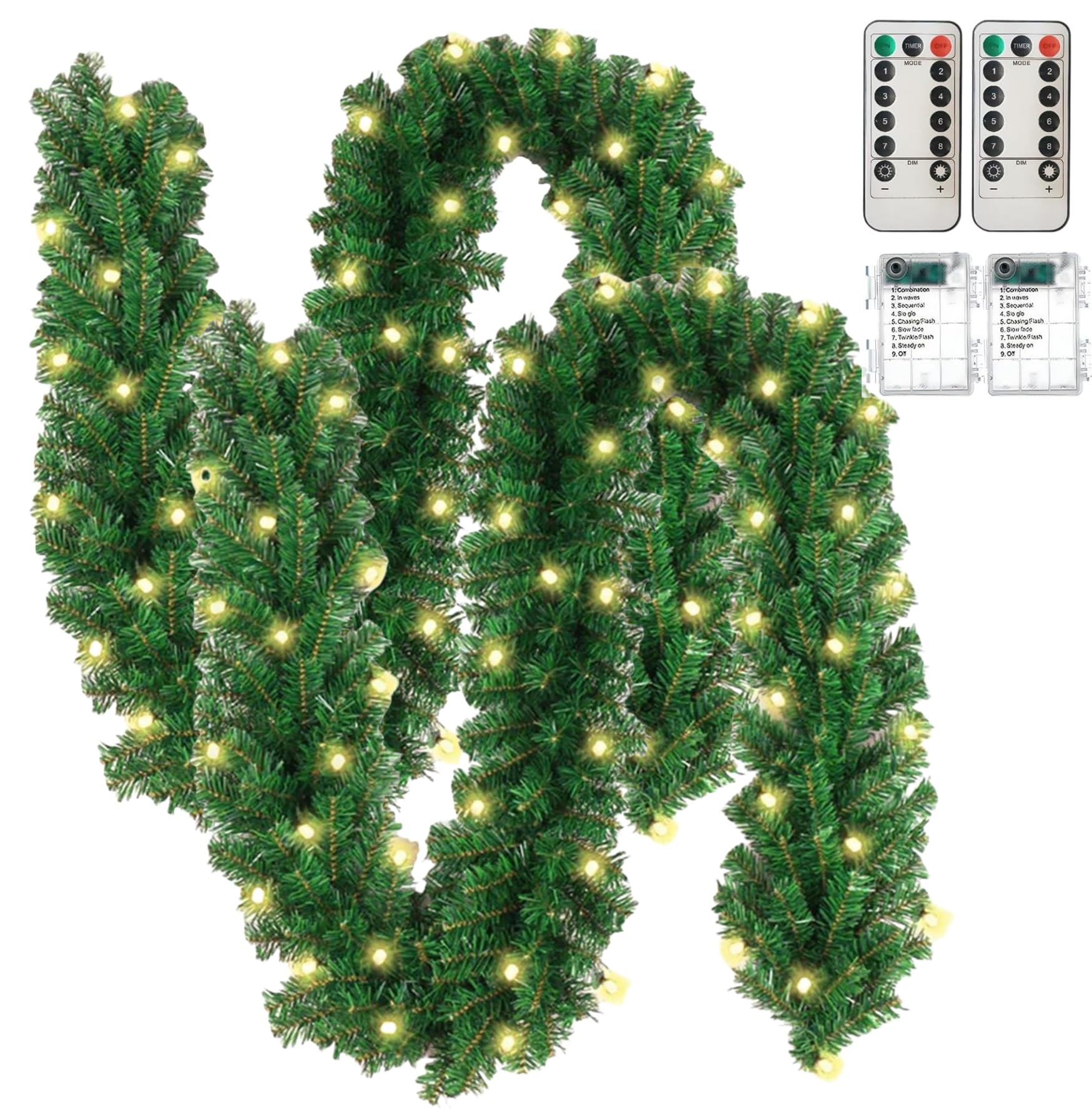 2.7m Weihnachtsgirlande mit Beleuchtung, Weihnachtsdeko Girland, Tannengirlande Künstlich mit 100 LEDs und 8 Leuchteffekte, Weihnachten Deko Girlande für Innen Außen, Stairs, Fireplace, Balkon (2pcs)