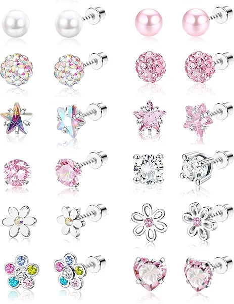 SAILIMUE 12 Pairs Hypoallergenic Screw Back Earrings for Women Girls Surgical Steel Cute Heart CZ Flower Pearl Ball Tiny Screwback Stud Earring