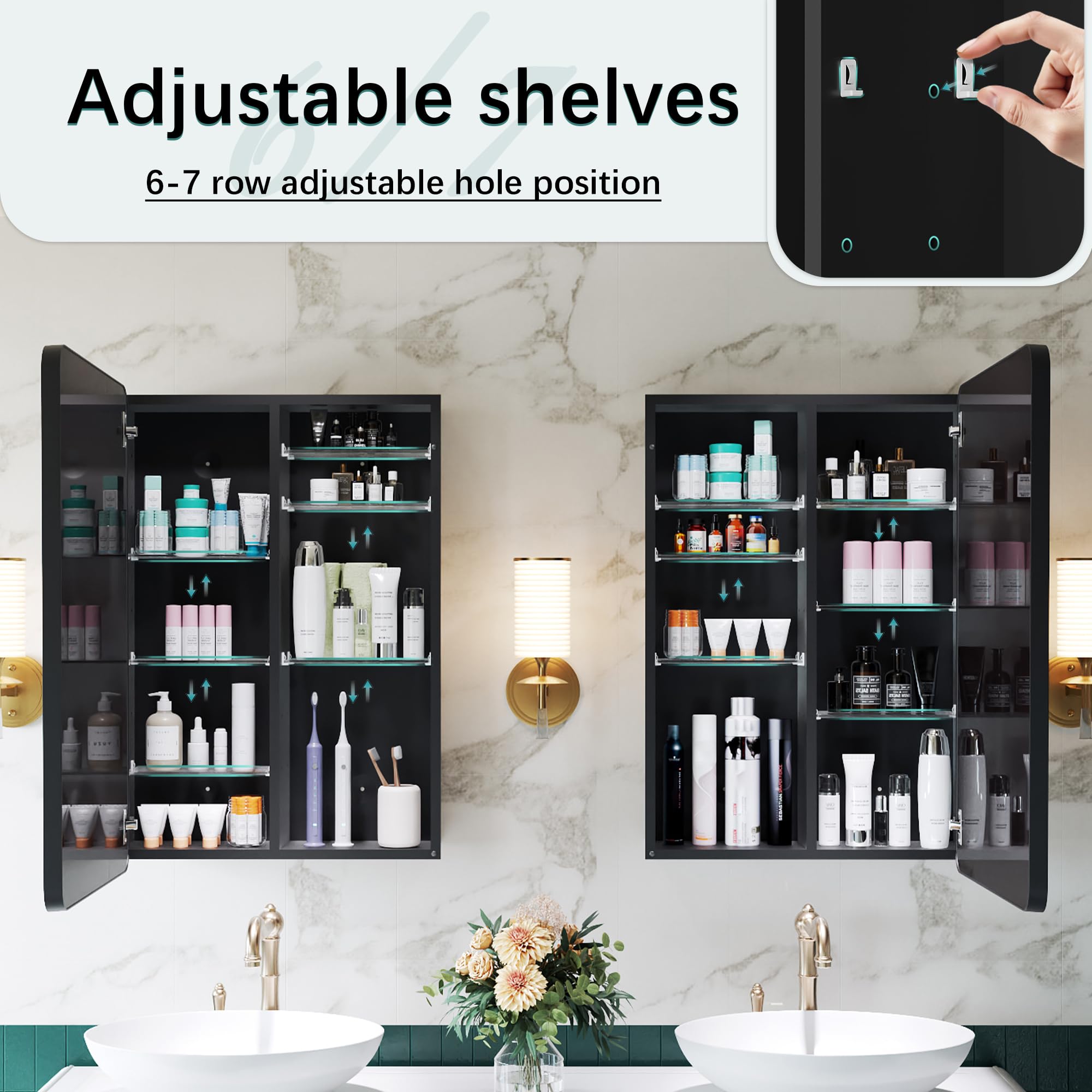 GoTiling Armoire Murale Salle de Bain avec Miroir: 40x60 cm Armoire Pharmacie de Toilette - Meuble Mural de Rangement avec Étagères Réglables - Cadre Noir Mat