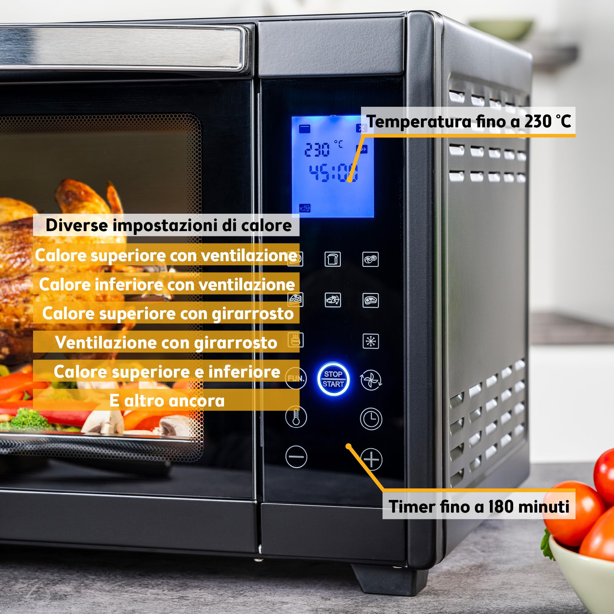TZS First Austria - Mini Forno 45L 2000W con Premium-X Coating - Fornetto Digitale temperatura fino a 230°C & 4 Livelli - Timer di 180 min & 8 modalità - Spiedo rotante - Cocinas pequeñas & camping