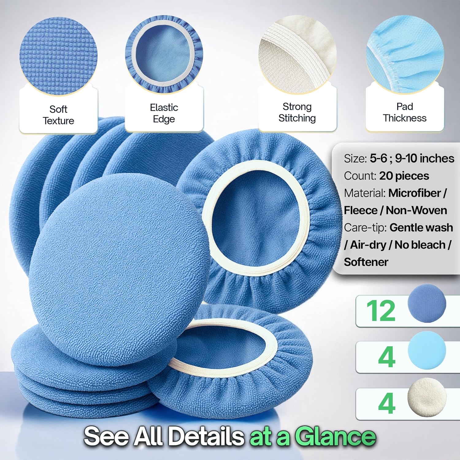 20 Pack Buffing Pads, Polishing Pad Covers, Microfiber & Wool for 5-6 Inch Buffer Polisher; Car Buffer Accessories for Car Detailing Kit; Wax, Polishing Compound & Polish Finishing, Durable Set - Image 6