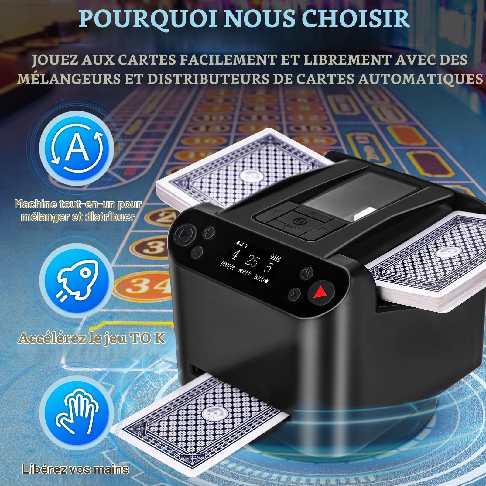 Melangeur de Carte électronique et Distributeur de Cartes à Jouer 2 en1, Mélangeur de Cartes, Machine Automatique de Revendeur de Cartes de Poker Rotative Rapide, pour UNO/Blackjack/Five Crowns