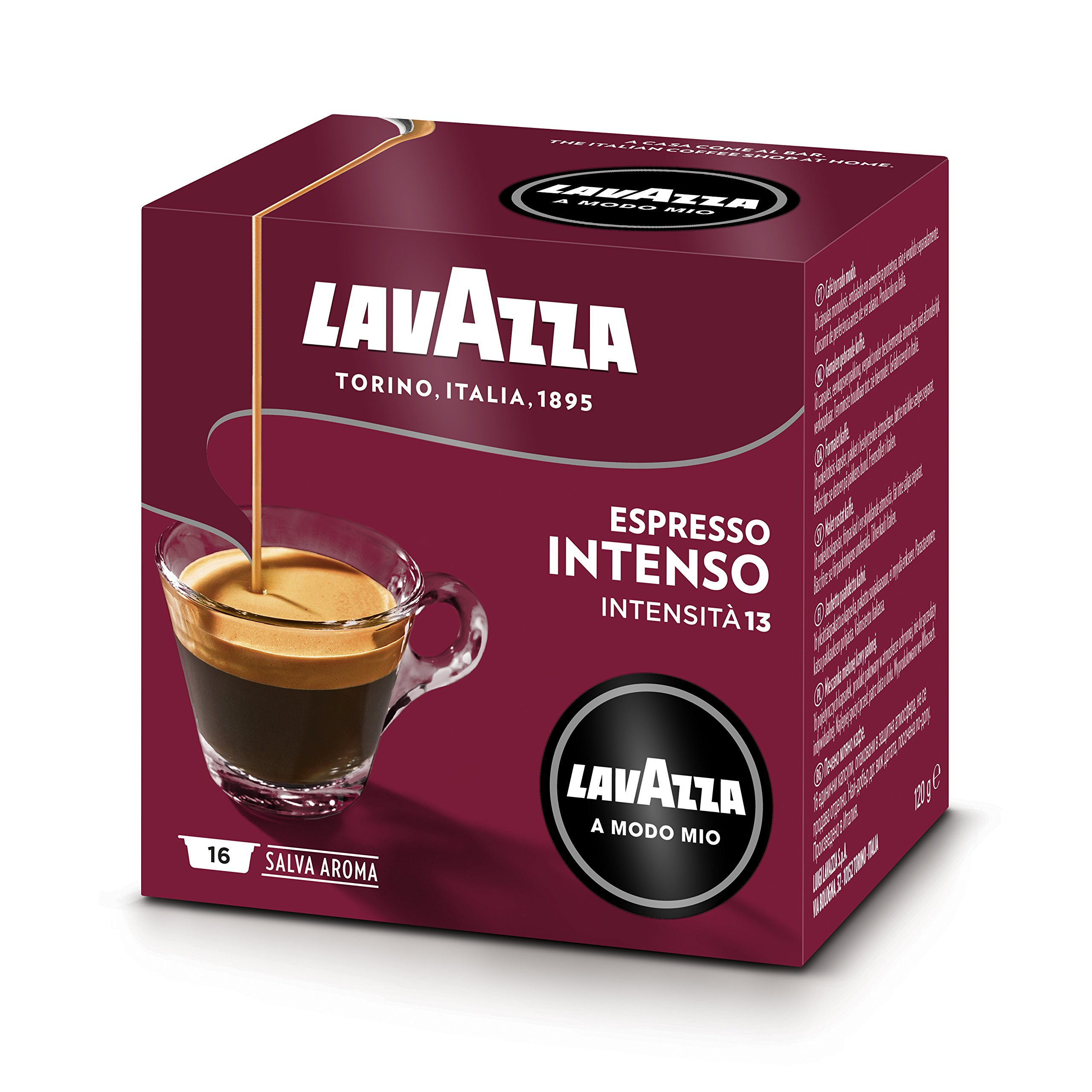 Lavazza A Modo Mio Espresso Intenso, 256 cápsulas de café, para un espresso con notas aromáticas de cacao y especias, árabes y robustas, intensidad 13/13, tostado medio, 16 cajas de 16