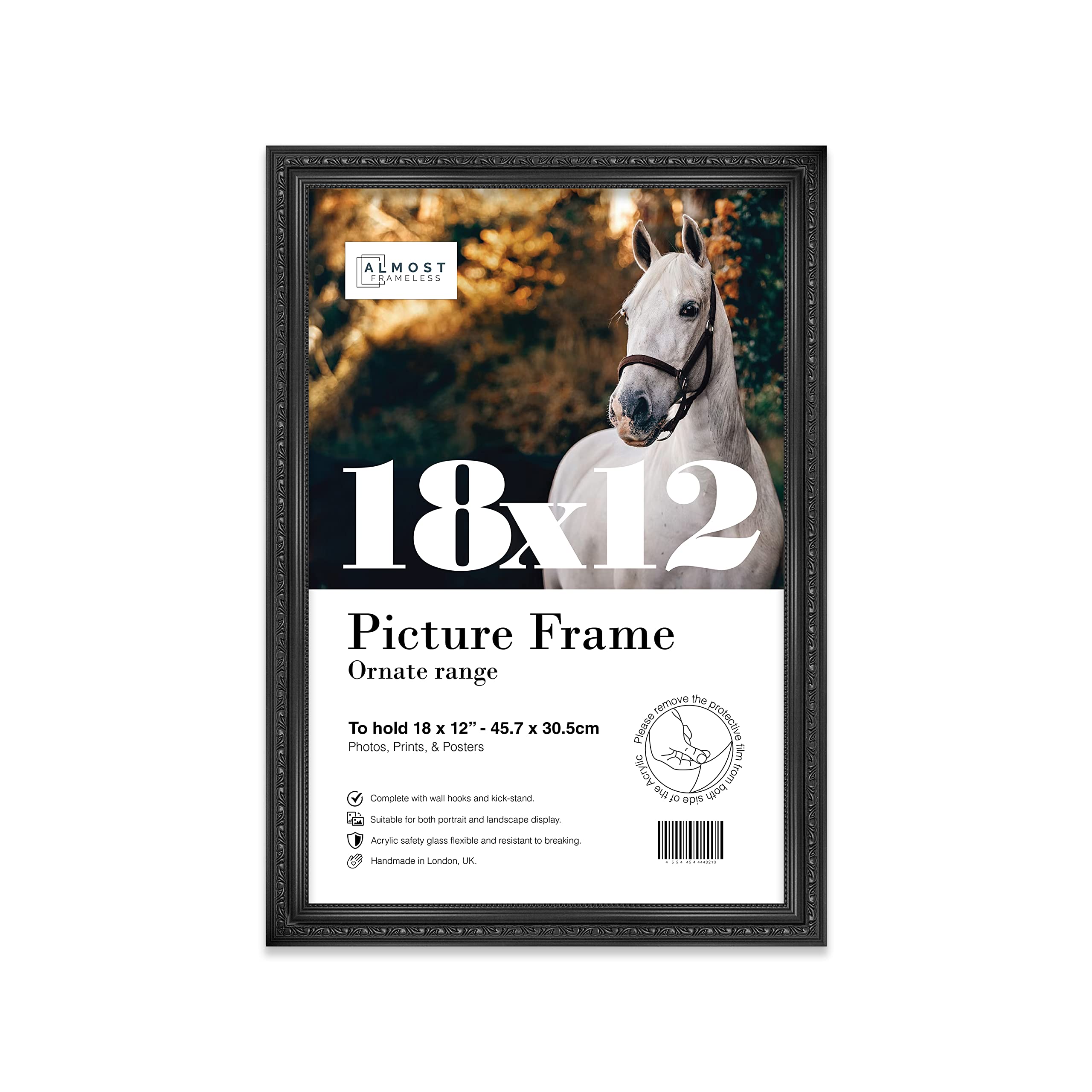 Almost Frameless Black Picture Frame 18X12 Black Ornate Picture Frame 18"X12"(45.7X30.5cm) Poster, Photo, Artwork, Or Print. Elegant Style Portrait And Landscape Display With Wall Hooks