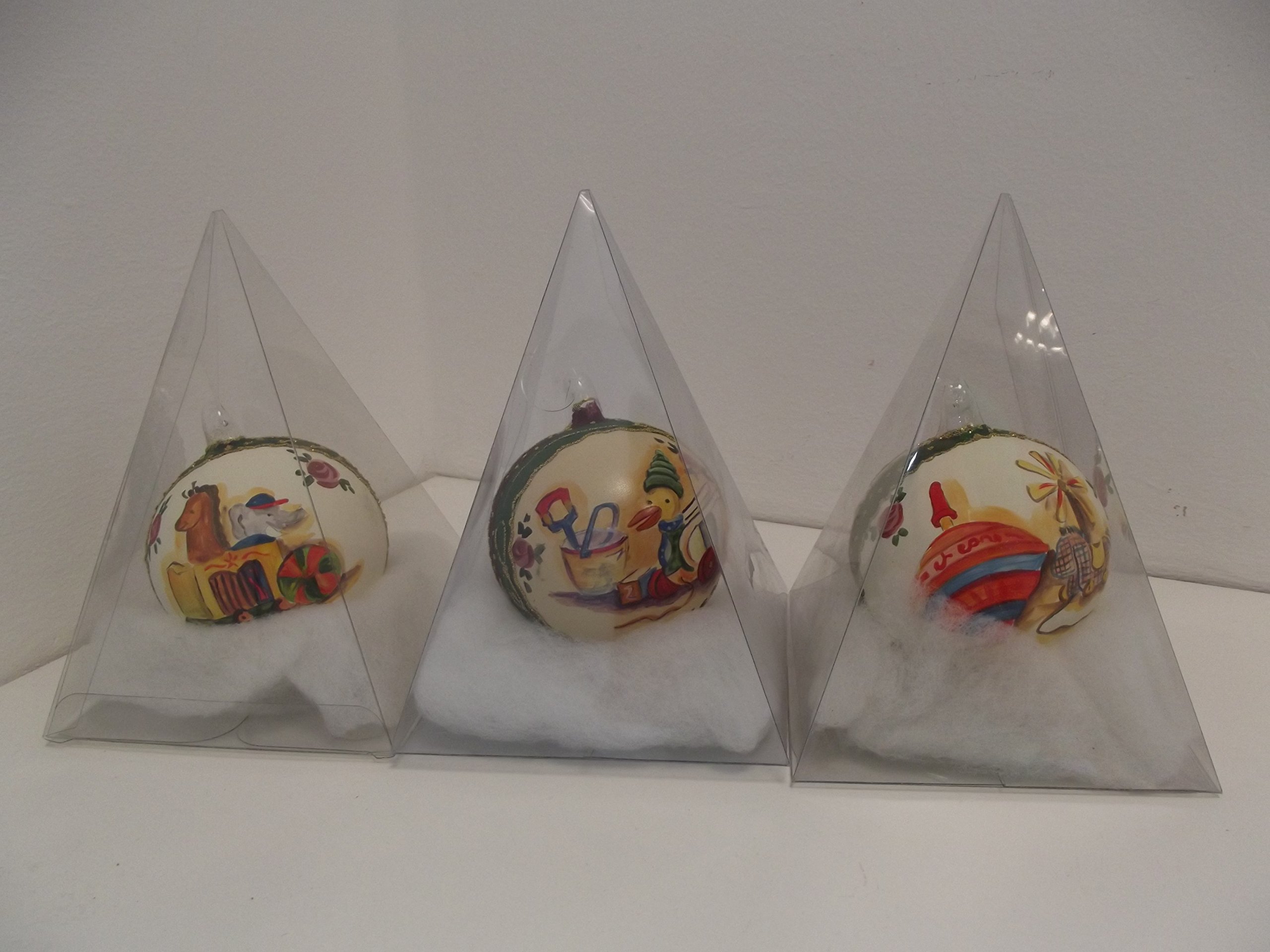 Set di 3 palline di Natale fatte a mano e meravigliose W7025 con cavallo a dondolo, trottola e anatra