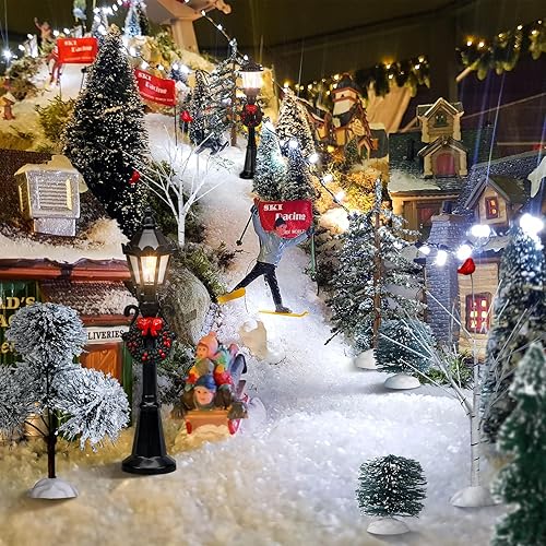 Miniatura 3 de 14 piezas de accesorios de Navidad, figura de pueblo, pinos en miniatura, nieve, árboles de Navidad artificiales, ramas desnudas, lámparas de calle,