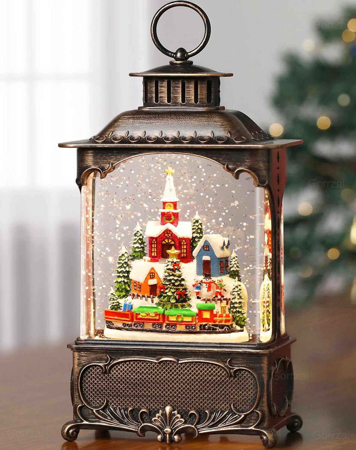 Christmas Snow Globes Village Snow Globe Lantern, Lighted Christmas Decorations Indoor with Music Timer Swirling Glitter, Light Up Musical Church Train Mountain Decor, USB or Battery Operated