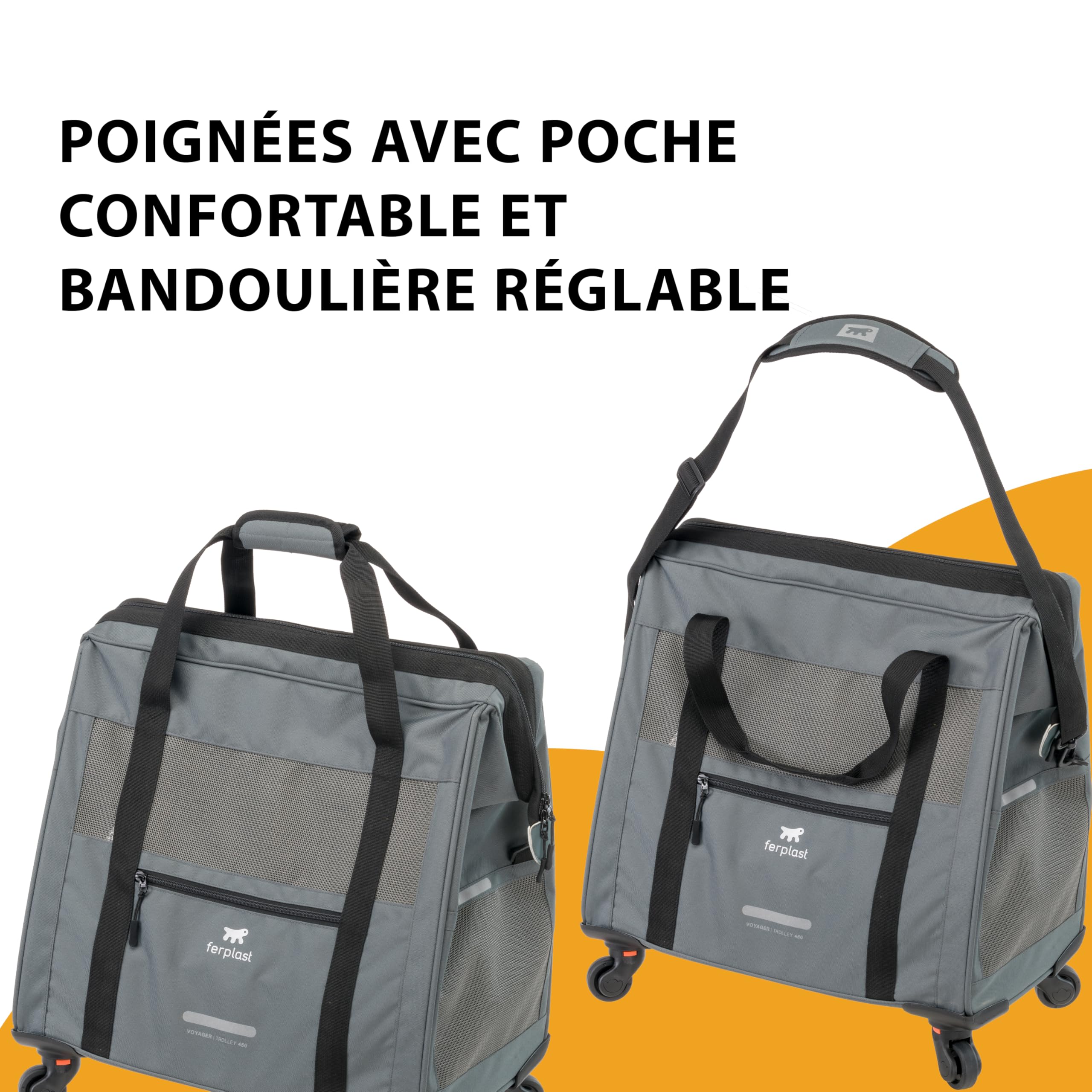 Ferplast Sac de Transport pour Chat Voyager Trolley, Sac Transport Chien, Poignée Extensible, Sangles Réglables, Large Ouverture, Roues Amovibles, Max 15 kg, 46 x 26 x 48H cm, Gris