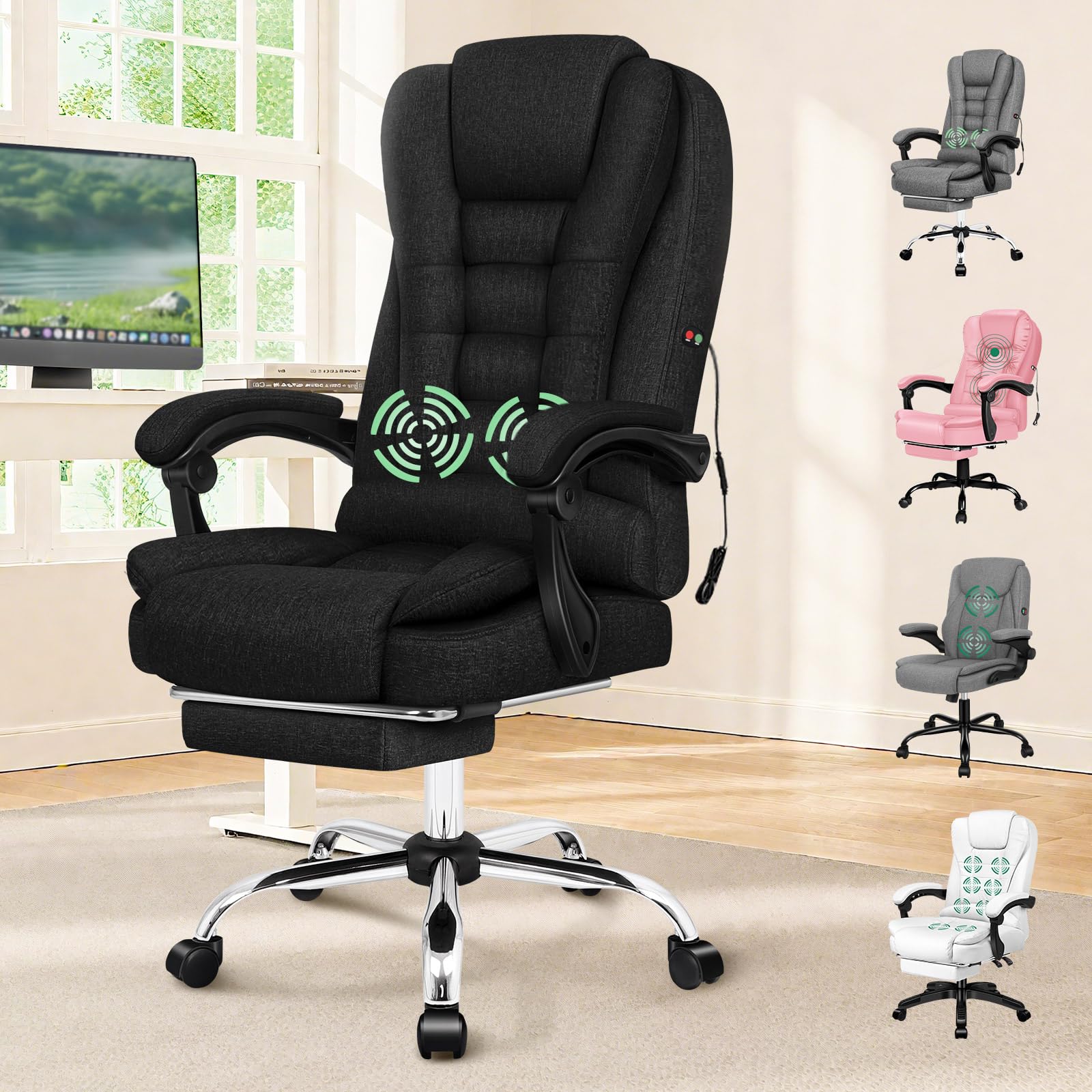 ELFORDSON 2-Point Massage Office Chair for Home, PC Gaming Chair with Footrest and Lumbar Support, High Back 150° Reclining Executive Desk Chair with Padded Armrest, Linen Black