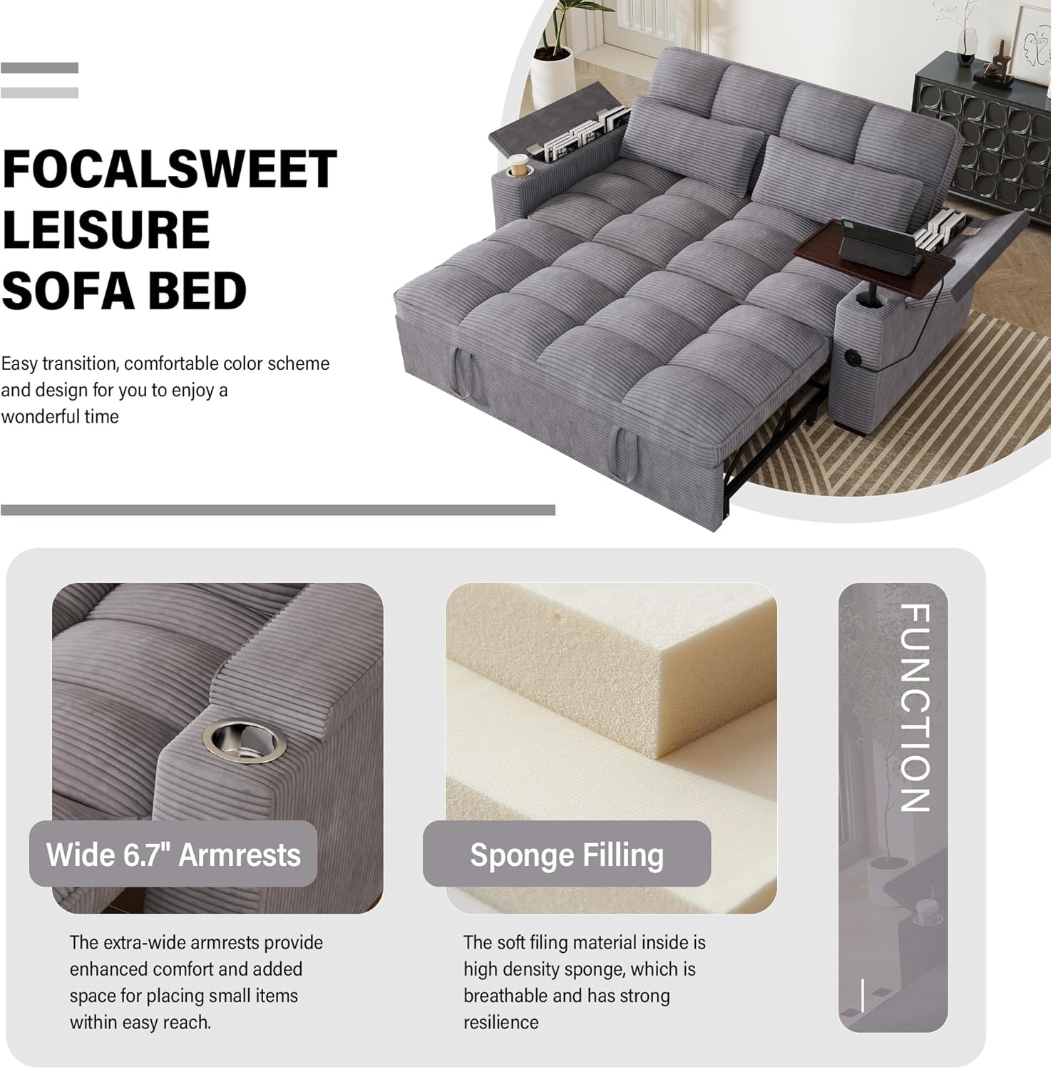 65'' Sleeper Sofa with Pull Out Bed, 3 in 1 Convertible Loveseat Sofa with Cup Holder and Storage Armrests, Corduroy Couch with Rotatable Table and USB Ports for Apartment Living Room Office, Purple