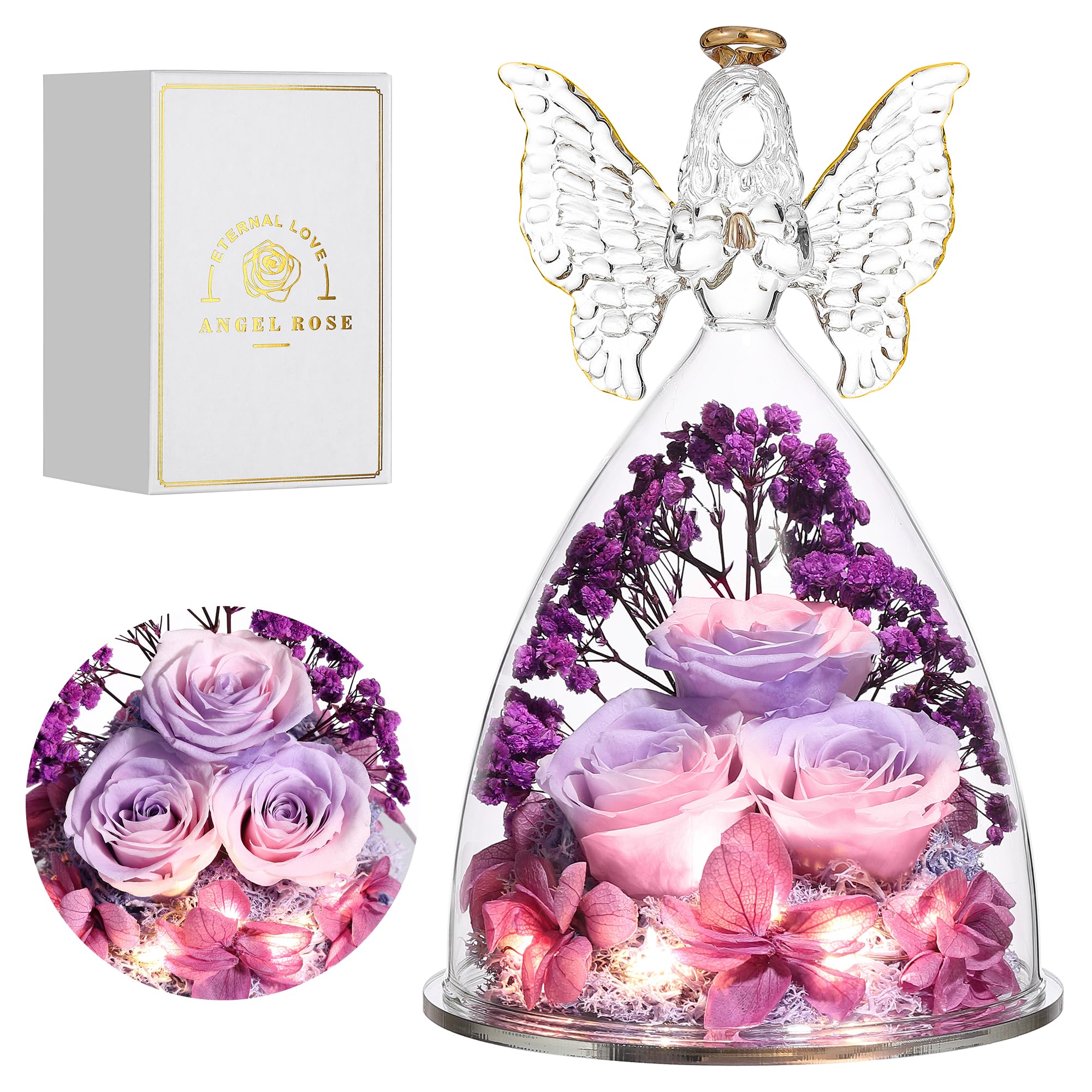 Sponsored Ad - Christmas Rose Gifts for Women Preserved Real Flower in Glass Angel Figurines Roses for Delivery Prime Birthday Gifts for Mom Grandma Girlfriend Wife Her, Pinkpurpurple