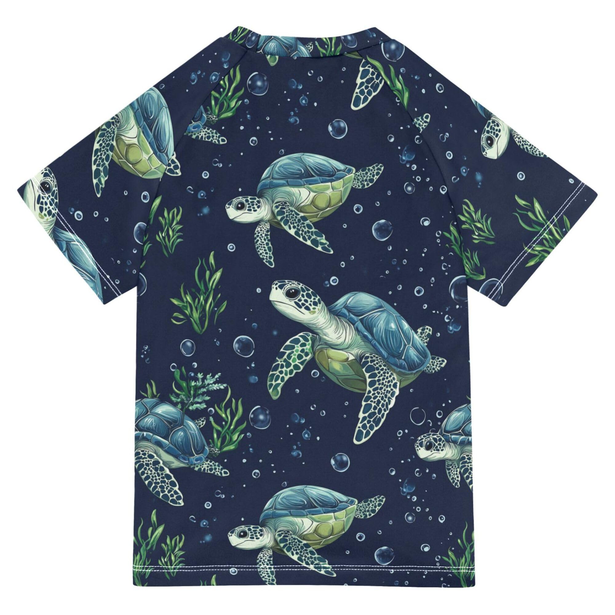 Wudan Cartoon Brazilian Turtle Navy Blue Boy Bathing Suit Short Sleeves Rash Guard for Girls Swimwears Kids Shirts for Teen Boy 5-6T