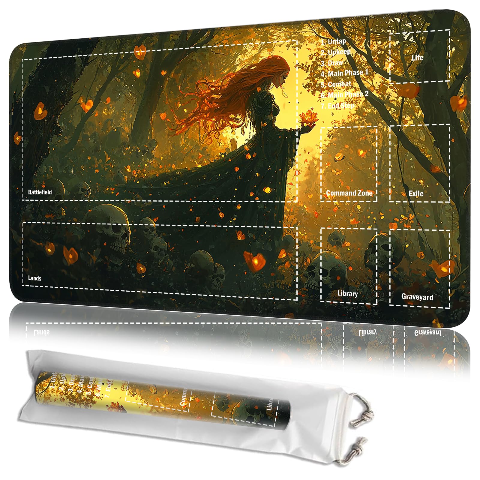 JANENFNA Playmat 24" x 14" with Magic Zones for MTG Card Game Playing, Board Game Mat for Card Breaking Commander Deck Gaming Card Game Battles Mat with Storage Bags, Forest Sorceress — image 1