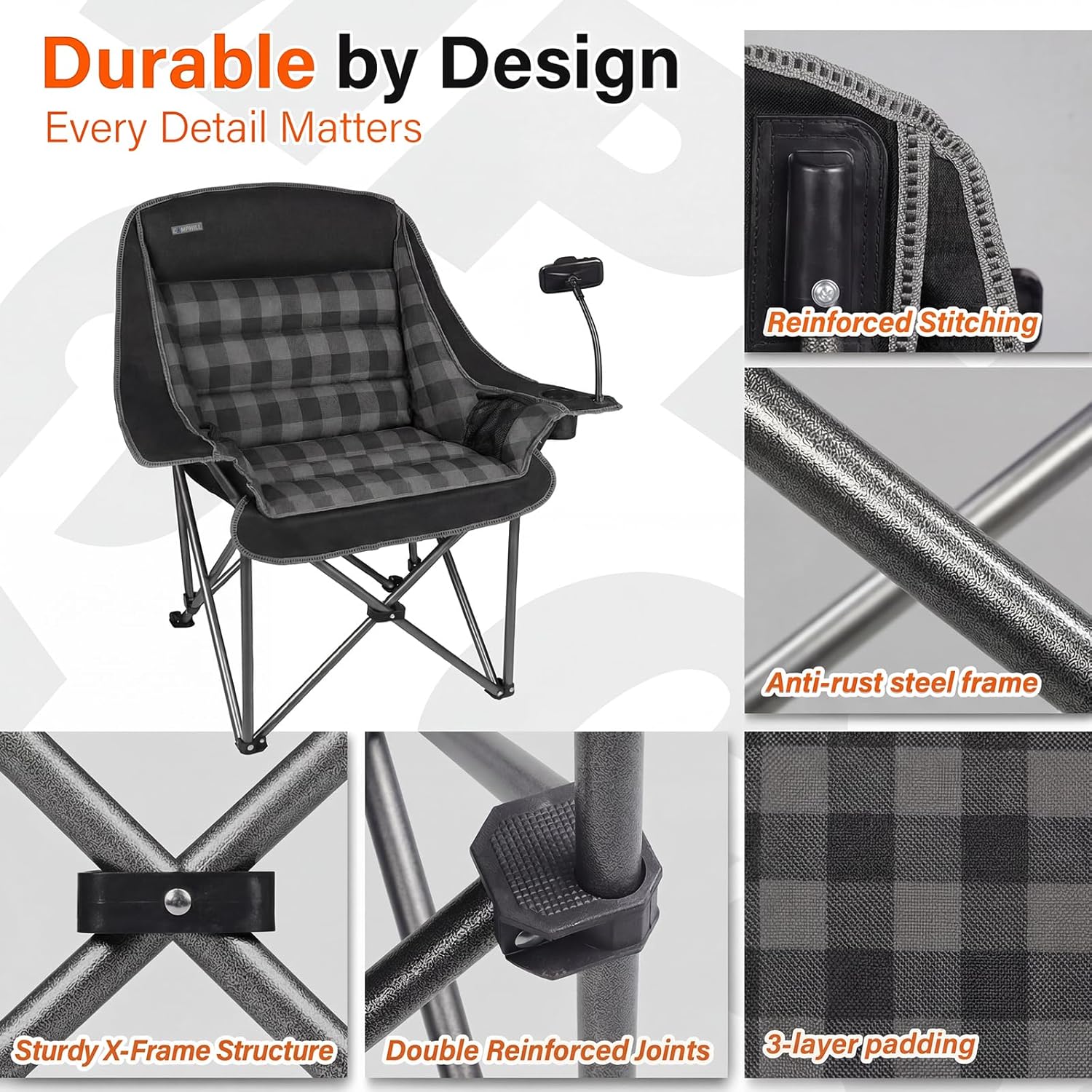 Oversized Camping Chairs for Adults- Heavy Duty Extra Large Lawn Chair,Folding Comfy Padded Camp Chair for Outdoor Sports Garden Beach,Wide&Thick,Black Plaid image 4